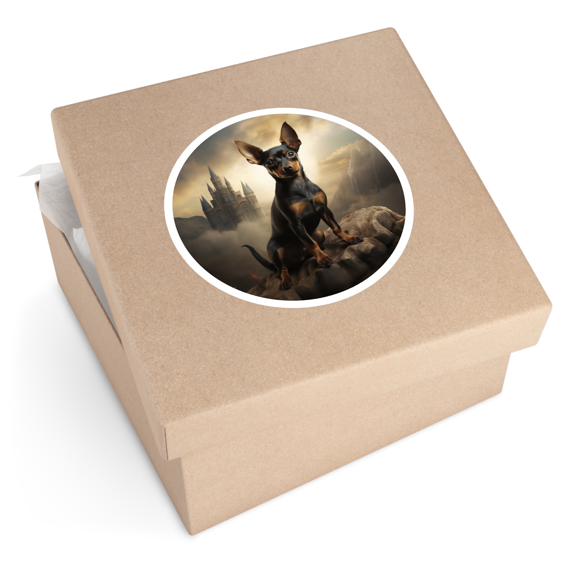 Fantasy Pinscher Sticker, Castle Scene Art, Majestic Dog Design, Epic Gift