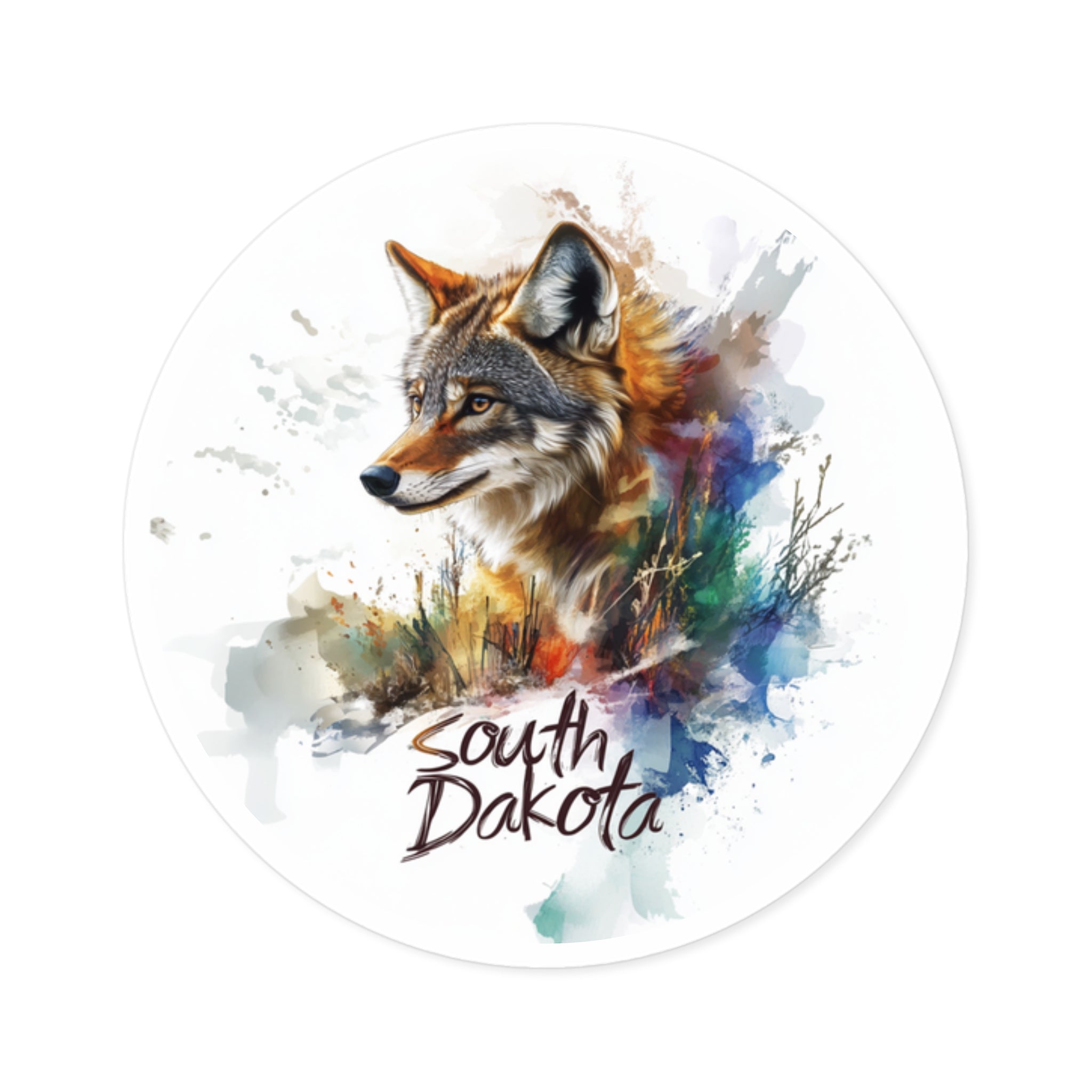 Color Splash Coyote Sticker, South Dakota Art, Watercolor Wildlife Design