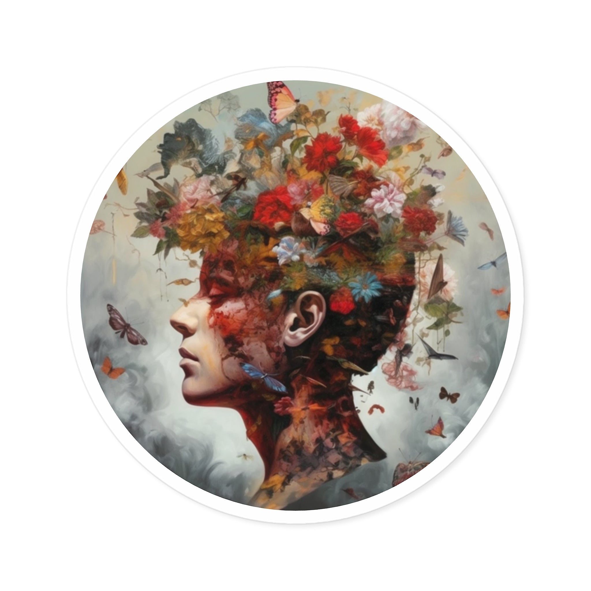 In Your Head Sticker, Floral Portrait Art, Surreal Design, Dreamy Gift