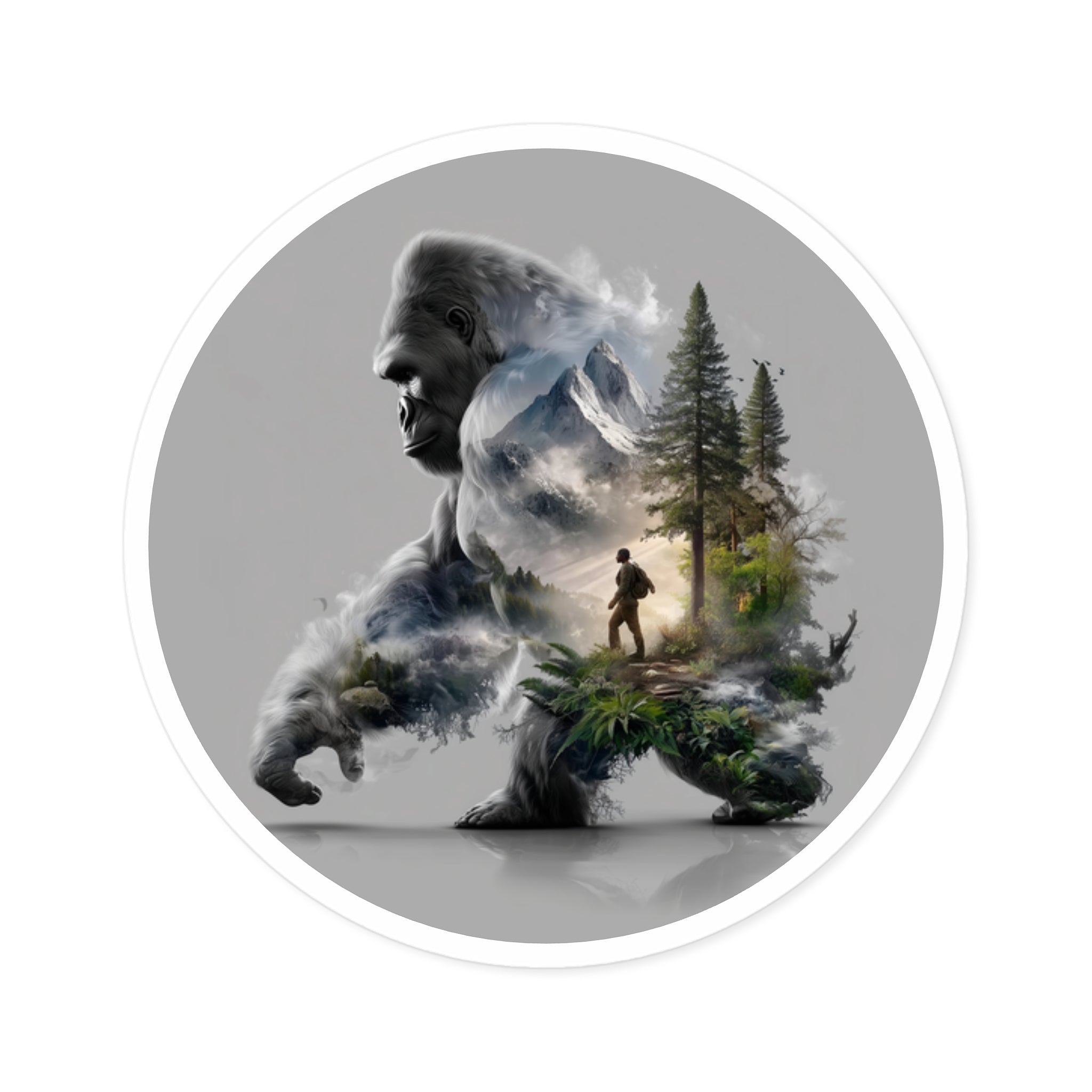 Mountain Trek Sasquatch Sticker, Surreal Landscape Art, Fantasy Explorer Design, Nature Blend
