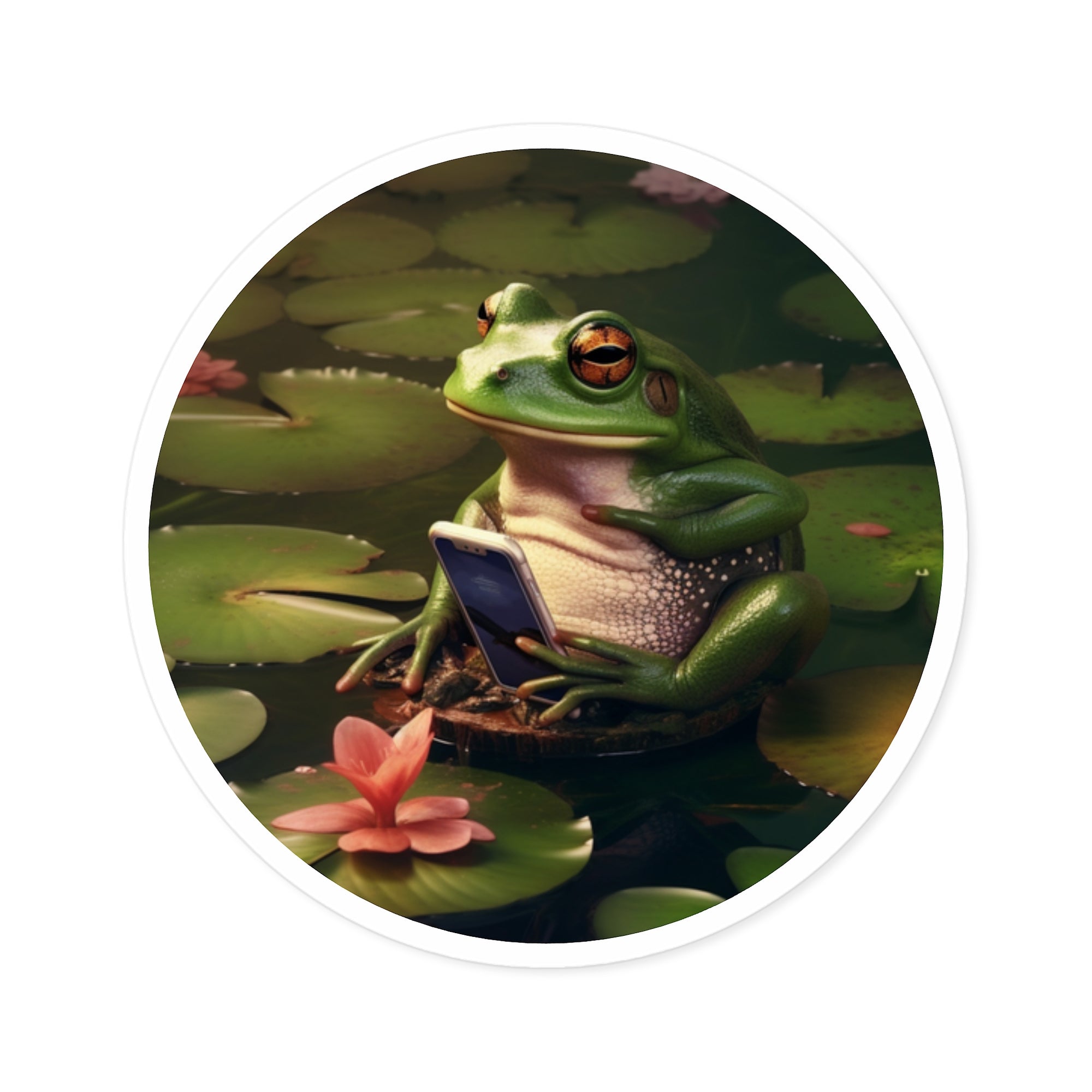 Frog with Smartphone Sticker, Funny Amphibian Art, Tech Humor, Relaxed Mood