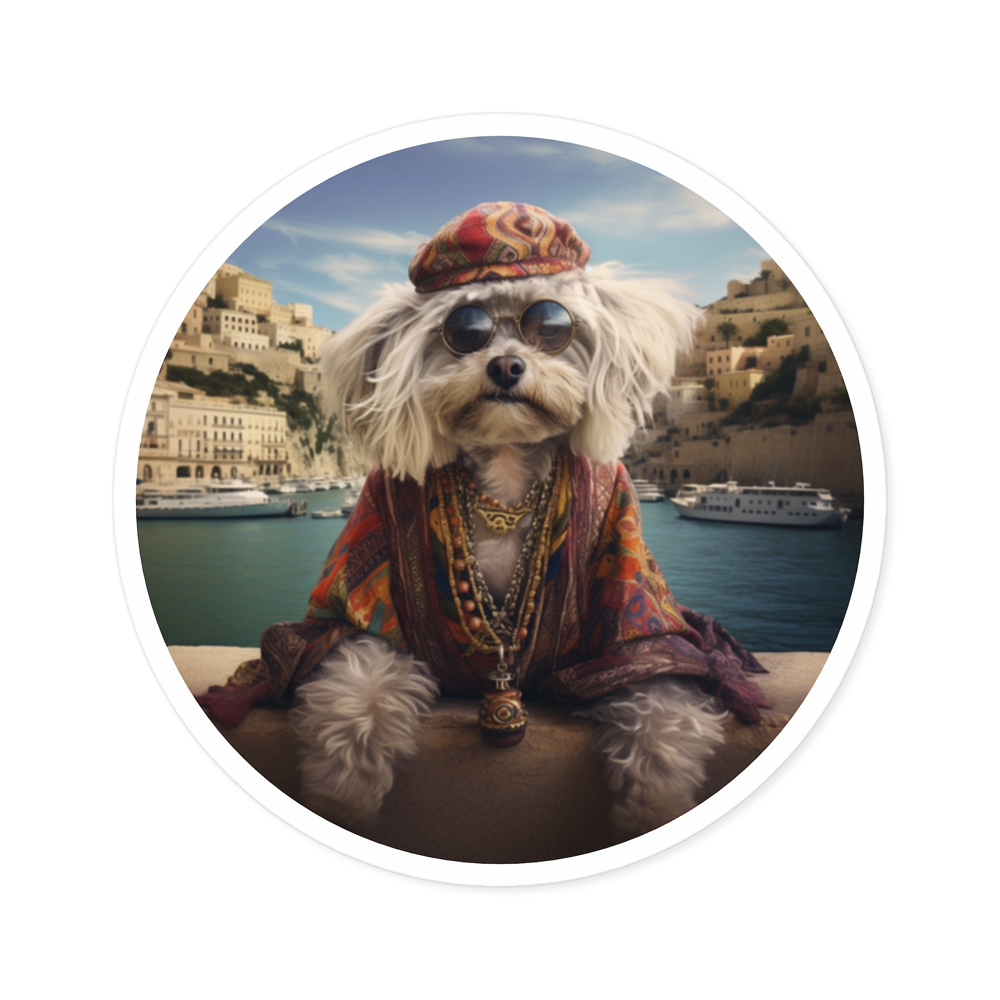 Bohemian Maltese Dog Sticker, Hippie Pup Art, Travel Design, Fun Style