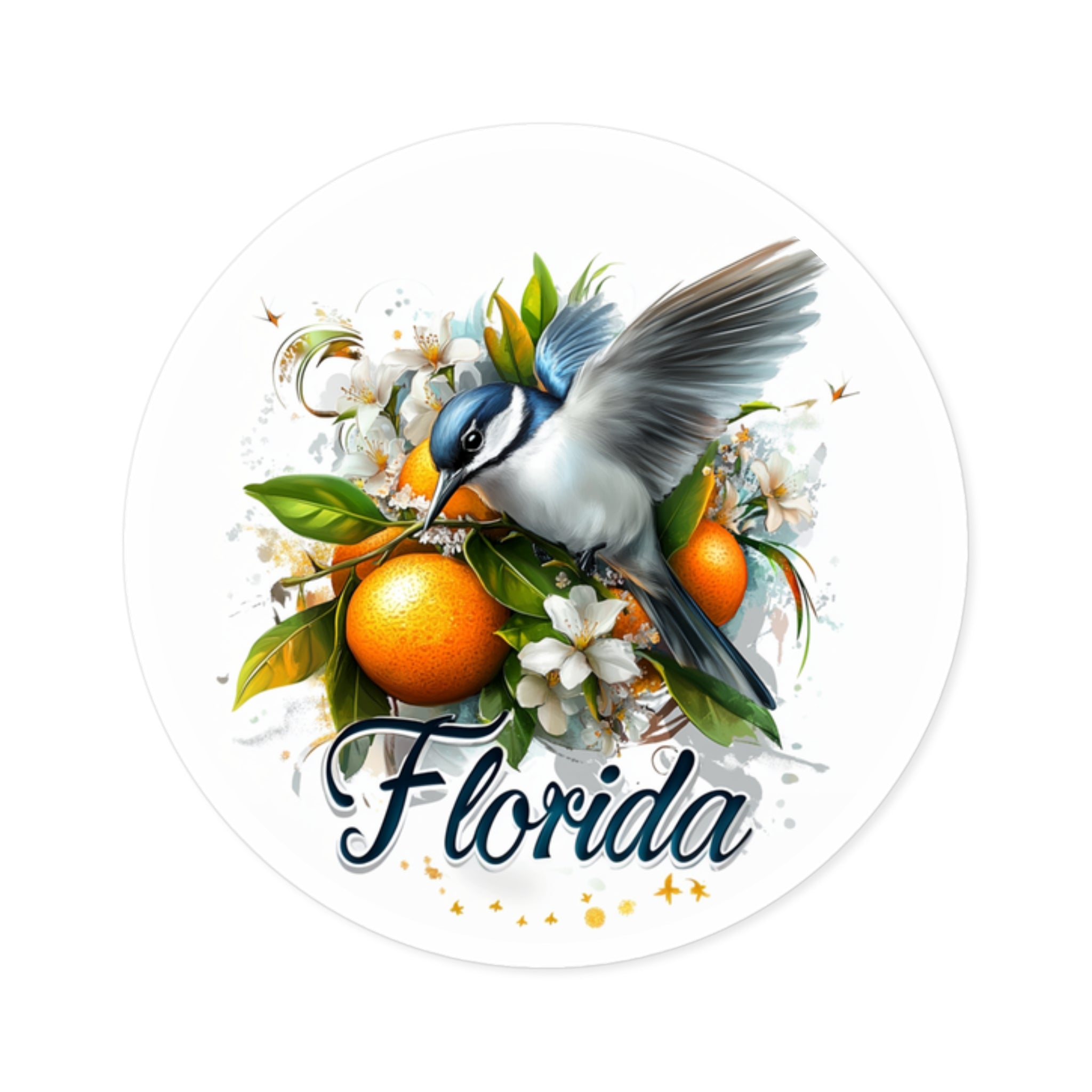 Florida Mockingbird Sticker, State Bird and Flower Art, Orange Blossom Design, Tropical Scene