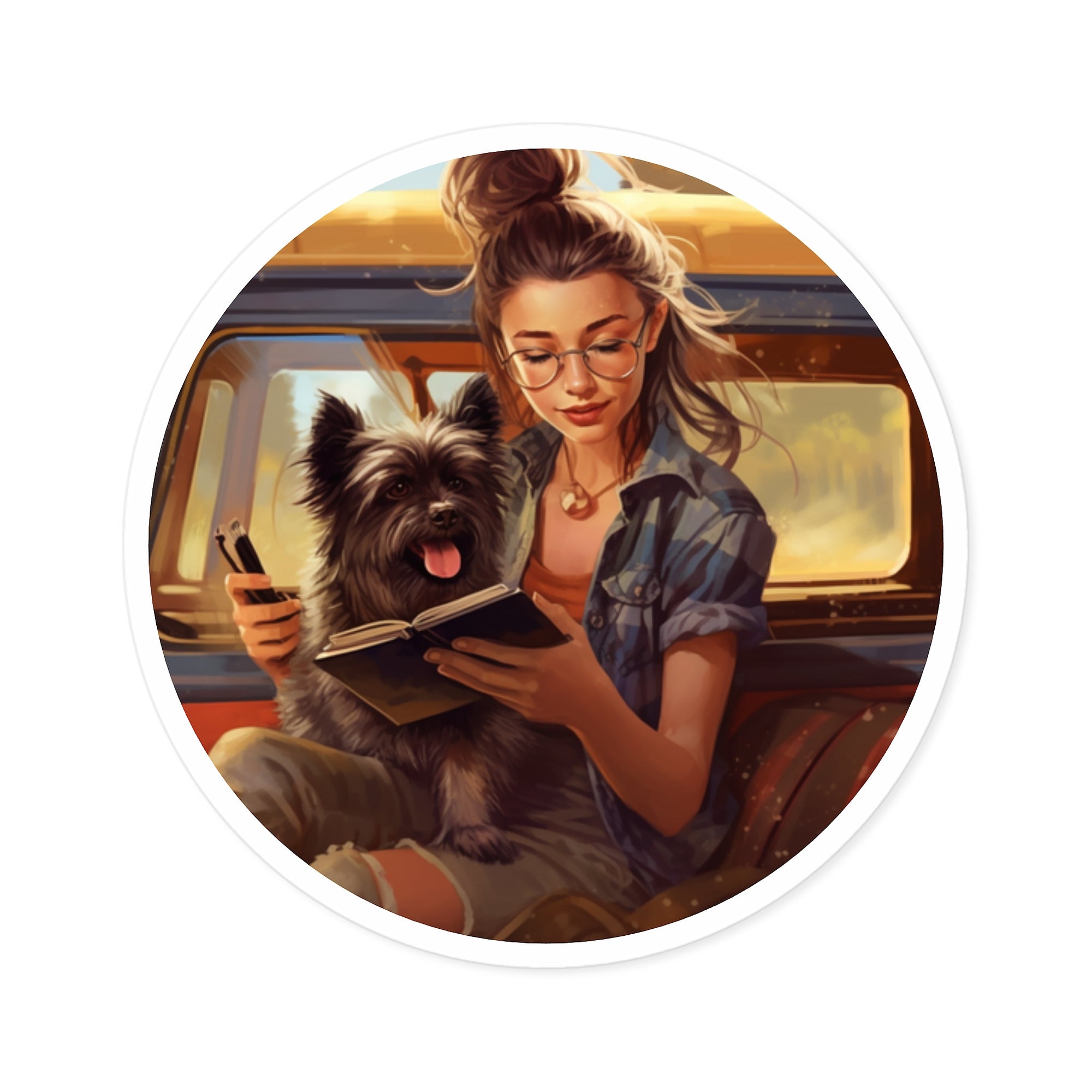 Girl Reading with Terrier Sticker, Cozy Moment, Book Lover Art, Calm Aesthetic