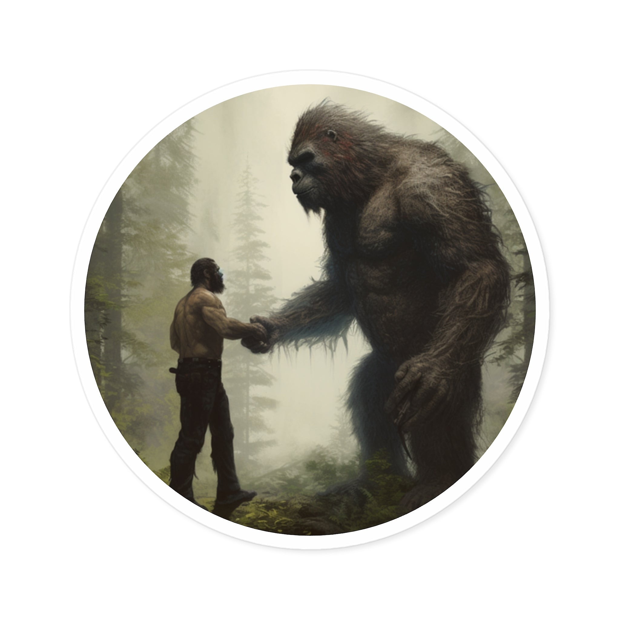 Bigfoot Encounter Sticker, Cryptid Art, Forest Design, Mysterious Scene