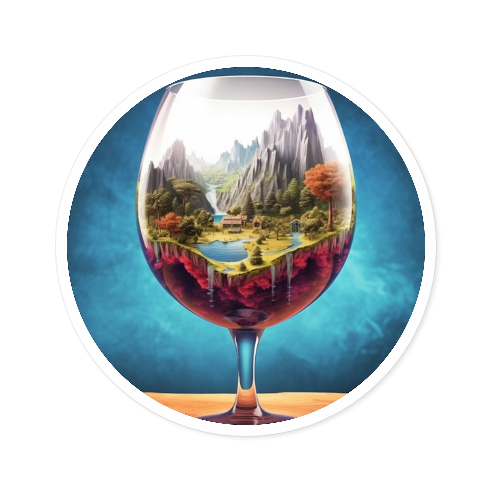Fantasy World in Wine Glass, Surreal Scene Sticker, Laptop Decal, Trippy Art Gift