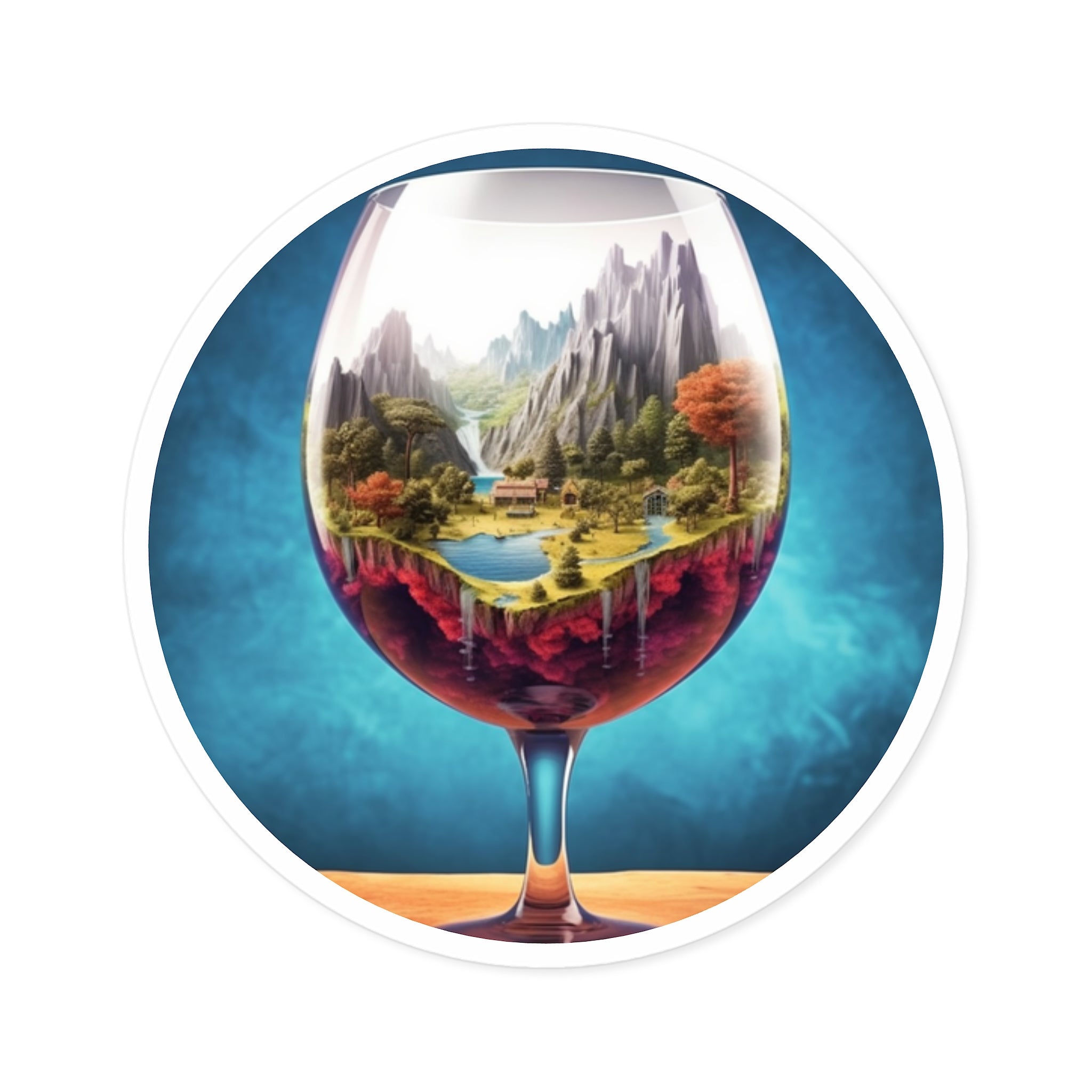 Fantasy World in Wine Glass, Surreal Scene Sticker, Laptop Decal, Trippy Art Gift