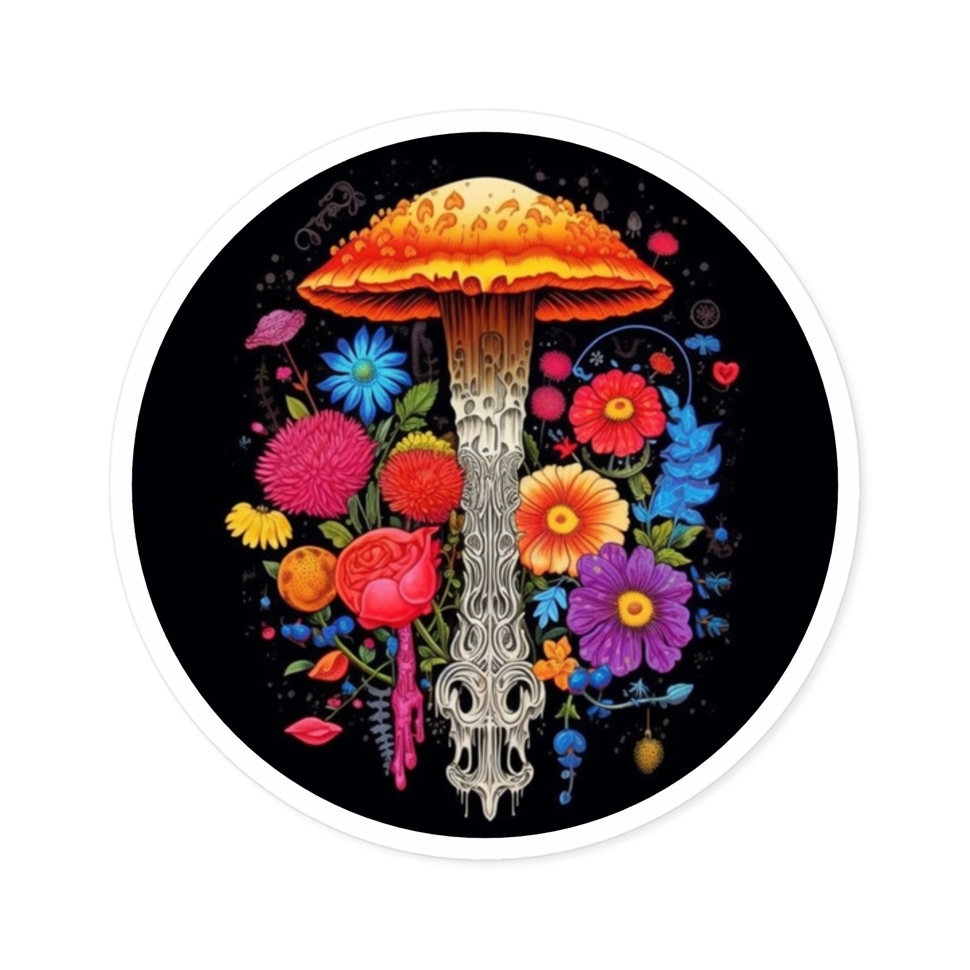 Mushroom Skull Sticker, Floral Fusion Art, Dark Fantasy Design, Vibrant Colors