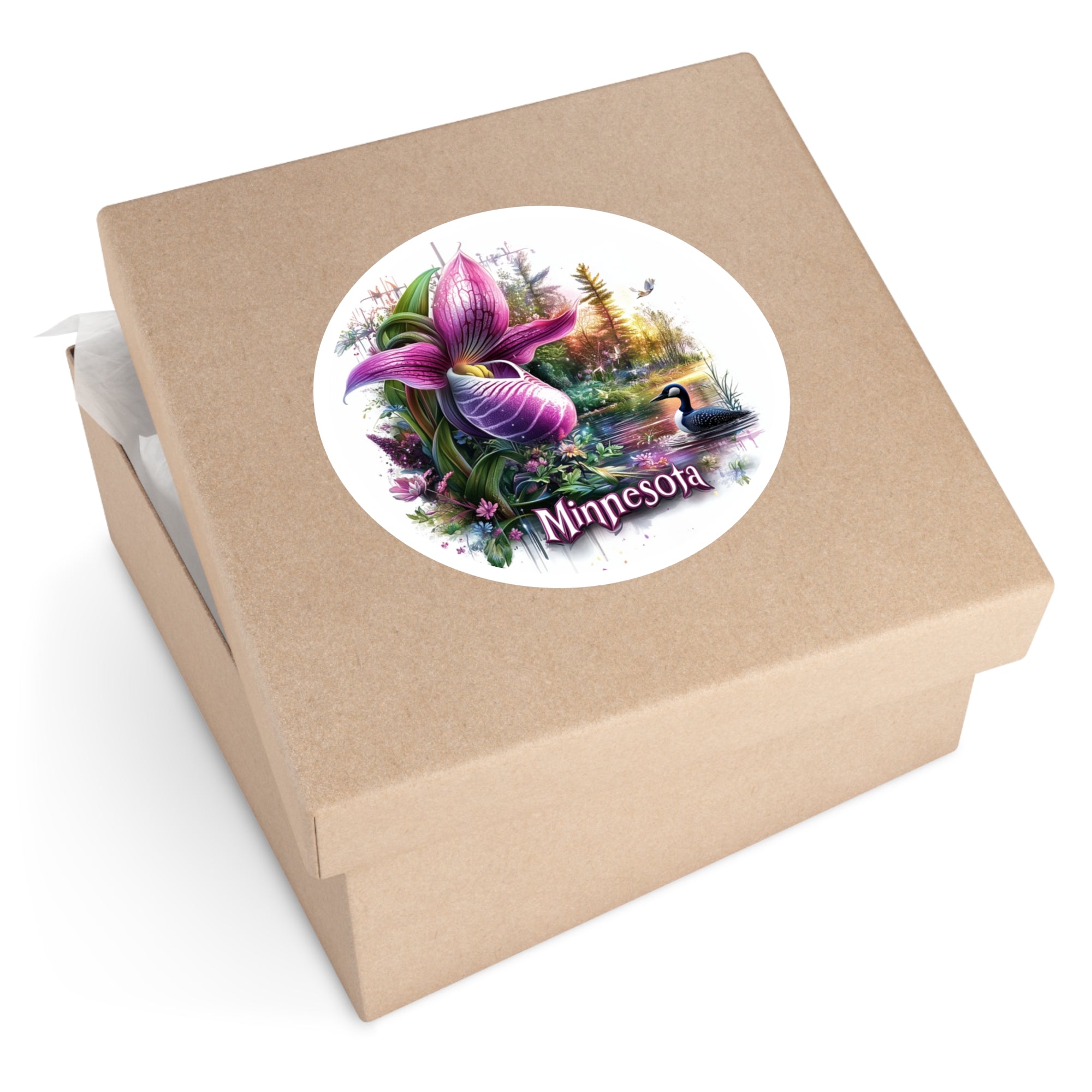 Minnesota State Flower Sticker, Lady’s Slipper and Loon Design, Nature Art