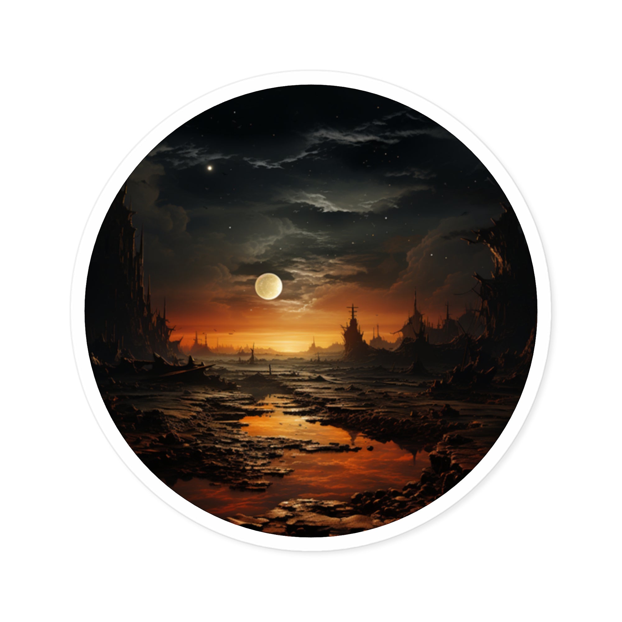 Moon at Dusk, Twilight Landscape Sticker, Cosmic Art Gift