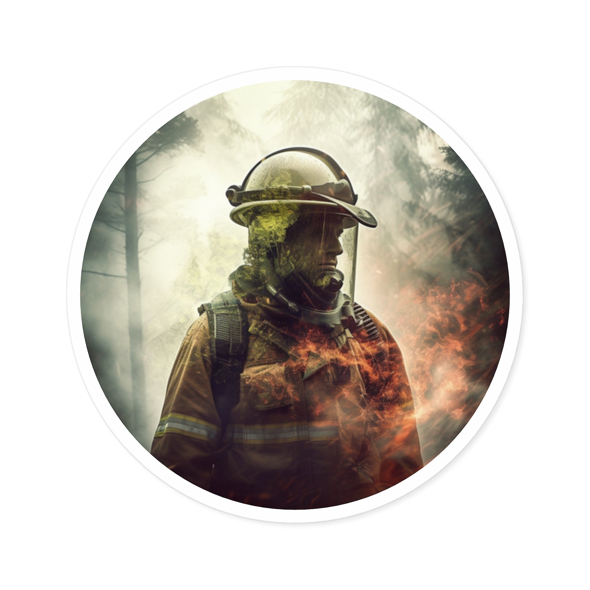 Firefighter Forest Sticker, Double Exposure Art, Nature Theme, Brave Gift