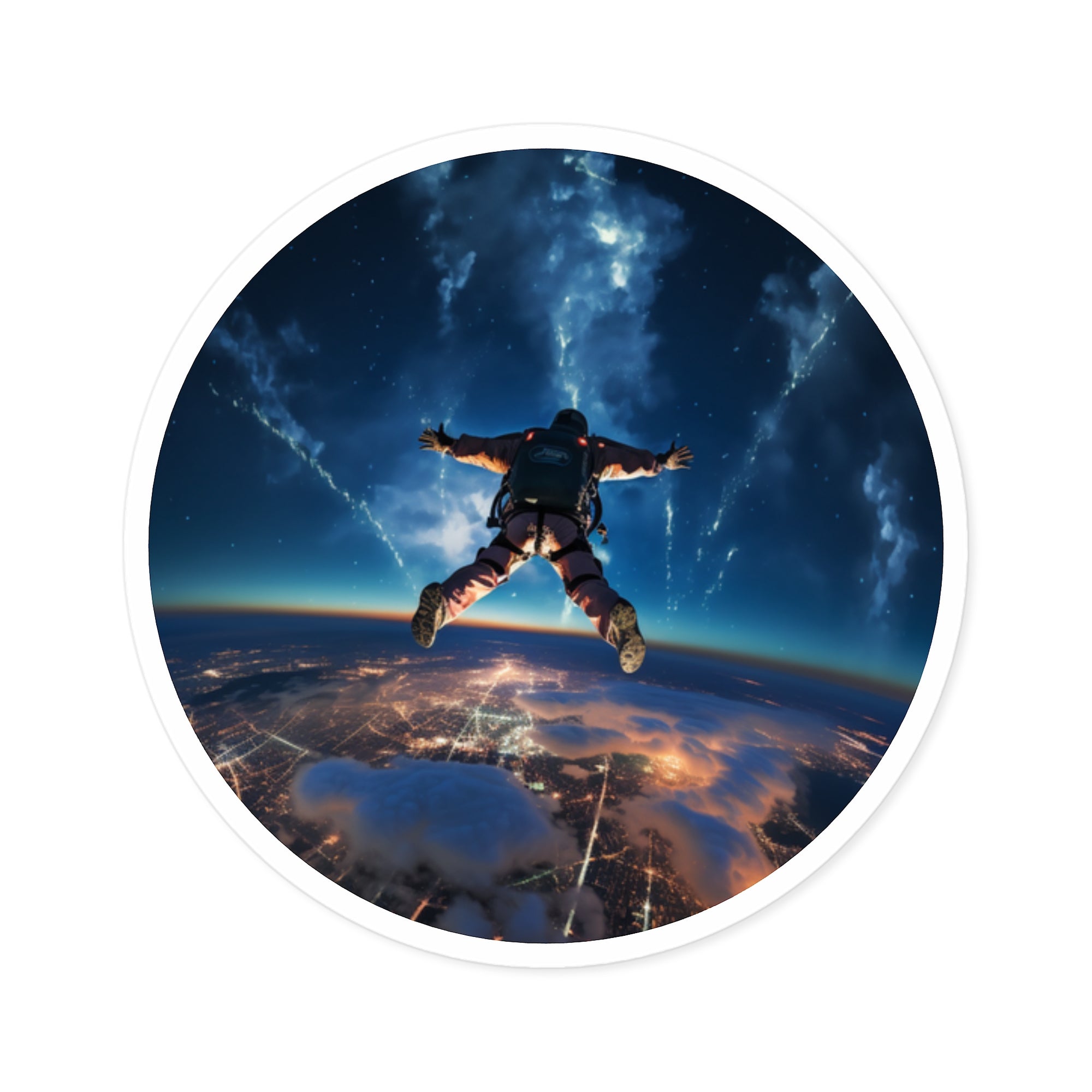 Skydiver at night, adventure Sticker, extreme sport, nighttime scenery