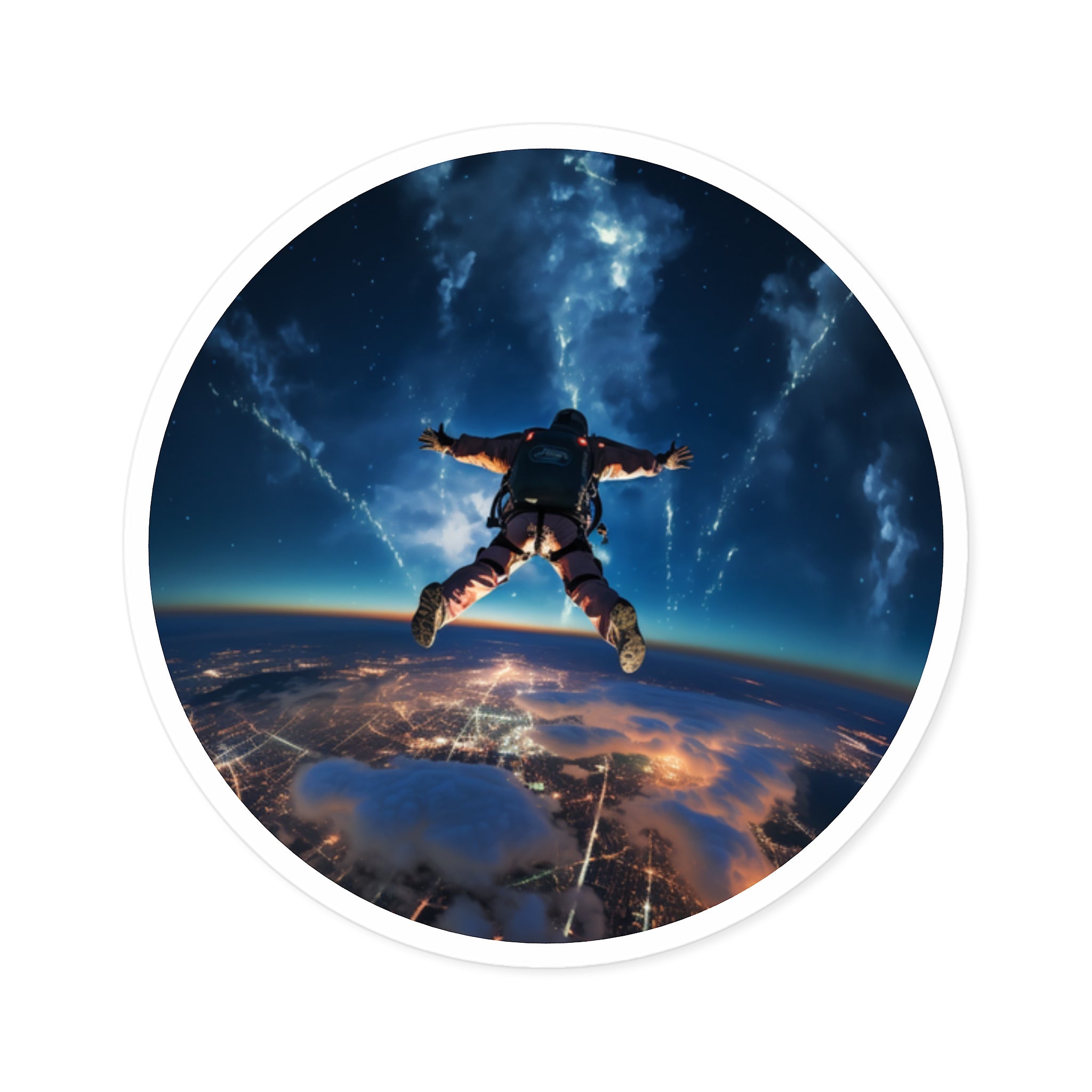 Skydiver at night, adventure Sticker, extreme sport, nighttime scenery