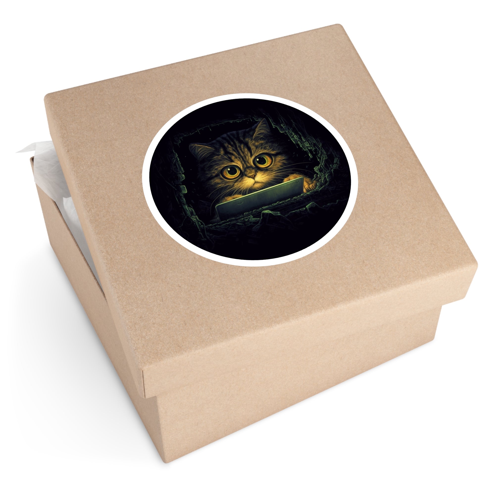 Big-Eyed Cat Hacker, Funny Laptop Sticker, Cute Feline Design, Tech Humor