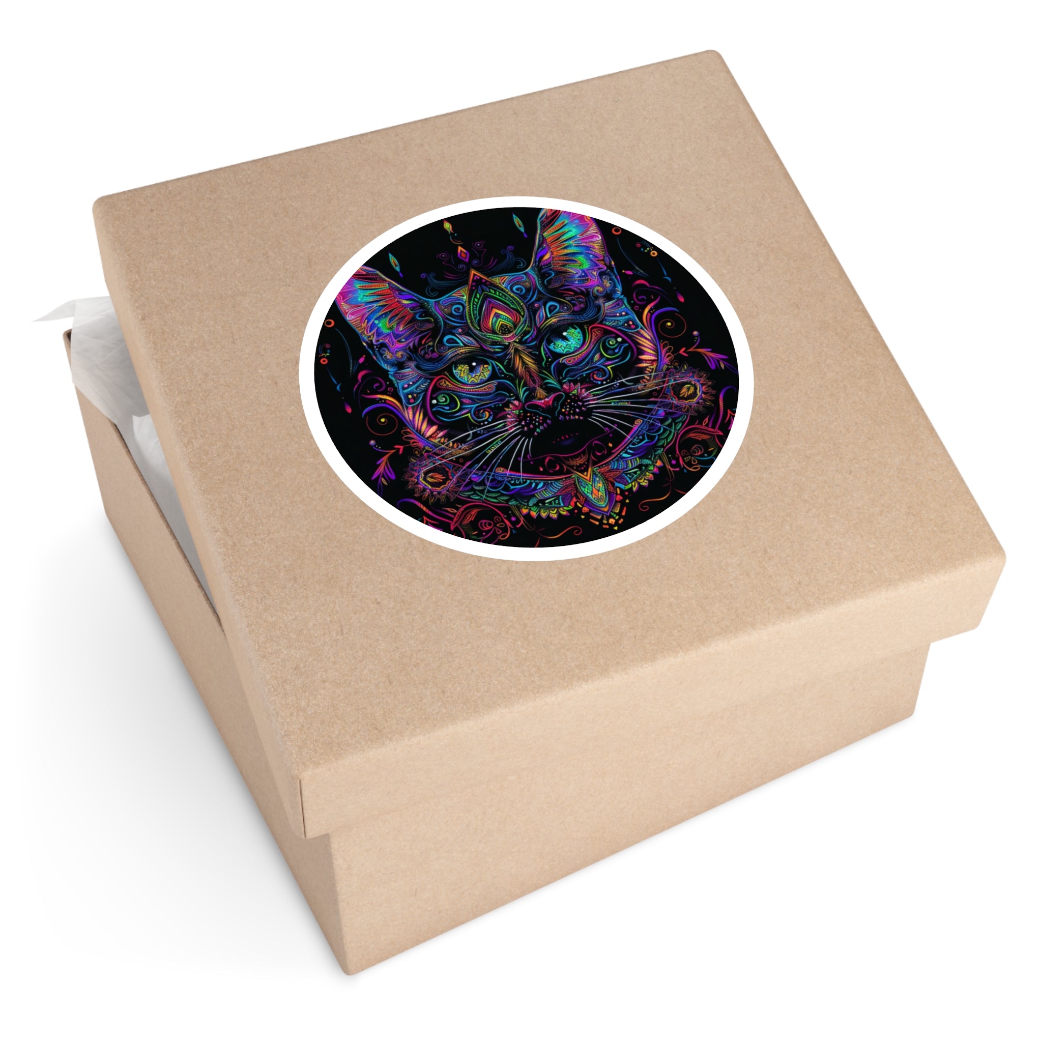 Colorful Cat Mandala Sticker, Psychedelic Line Art, Laptop Accent, Artistic Gift