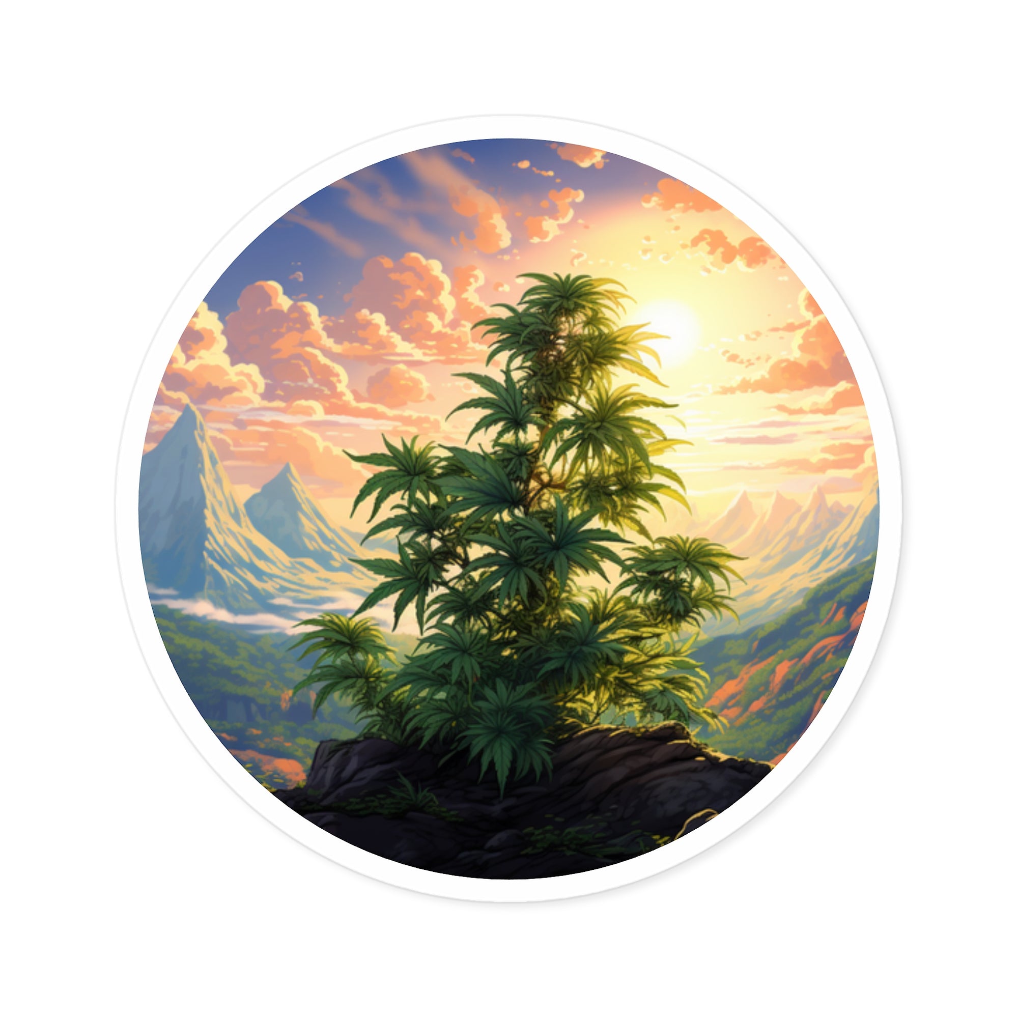 Cannabis Plant in Mountain Valley, Scenic Nature Sticker, Outdoor Art, Vibrant Design