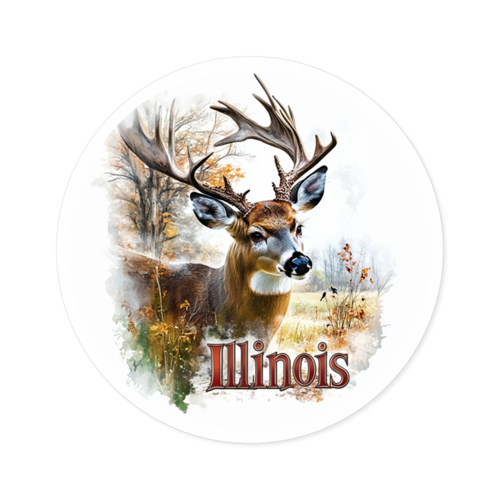 Illinois Buck Sticker, State Deer Design, Autumn Forest Art, Nature Wildlife Scene