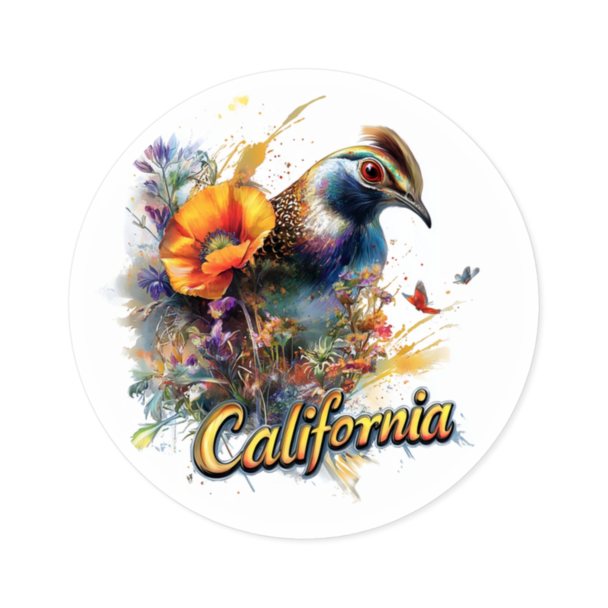 California Quail, Poppy Flower Sticker, State Bird Art, Vibrant Nature Design