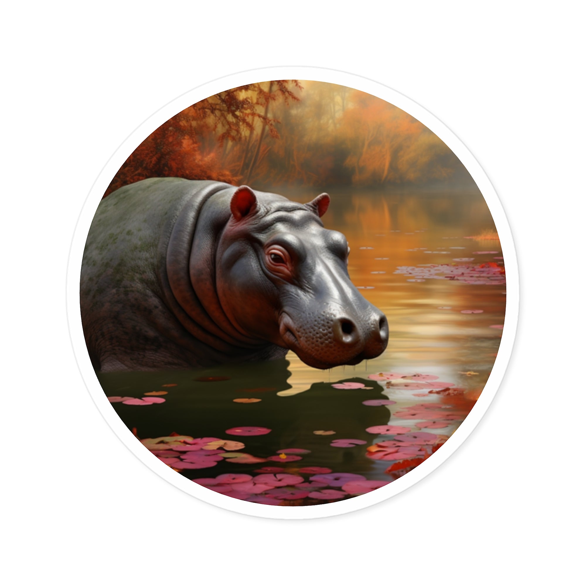Hippo in Autumn Pond, Realistic Animal Sticker, Nature Art, Calm Design