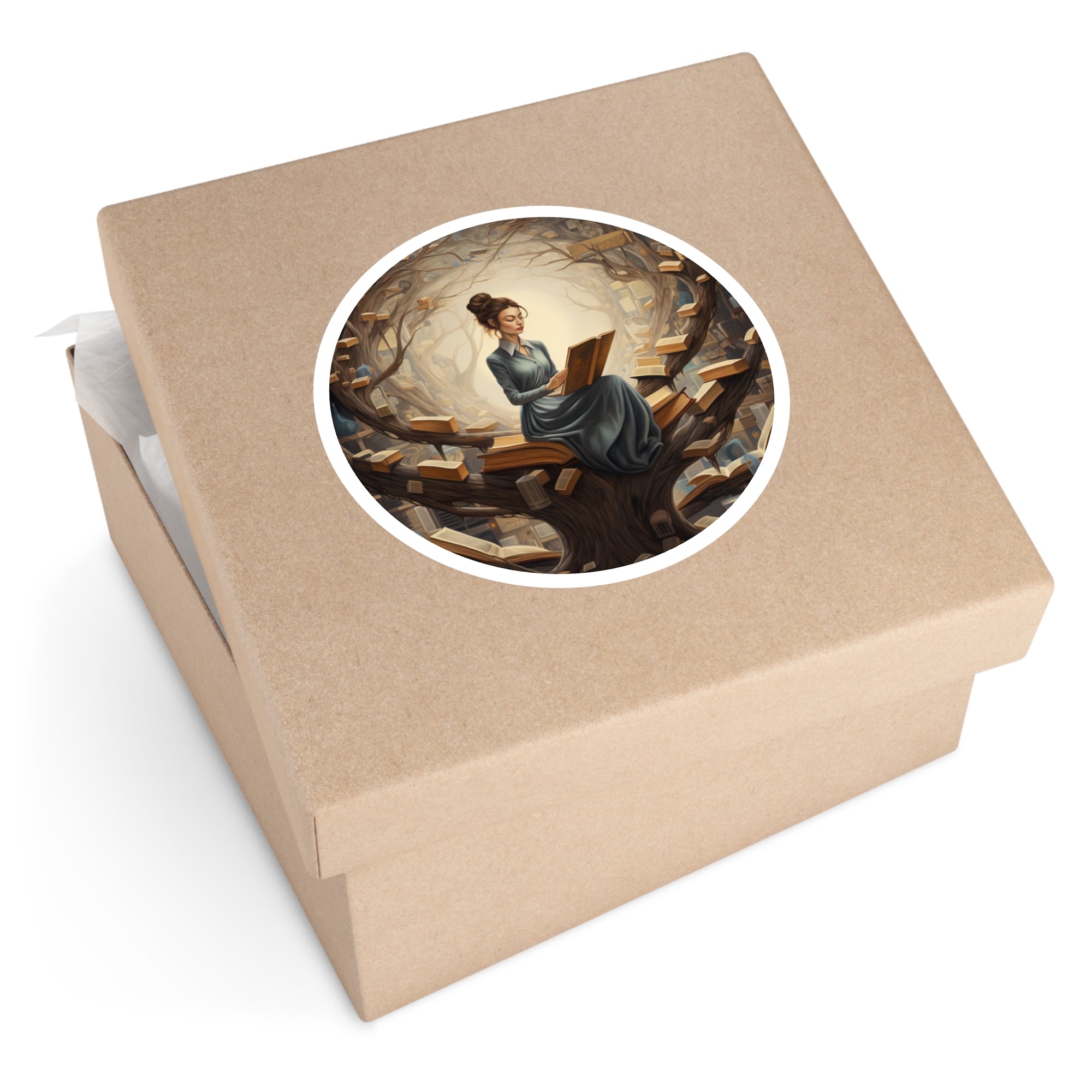 Reading Tree, Surreal Book Sticker, Dreamy Library, Calm Focus