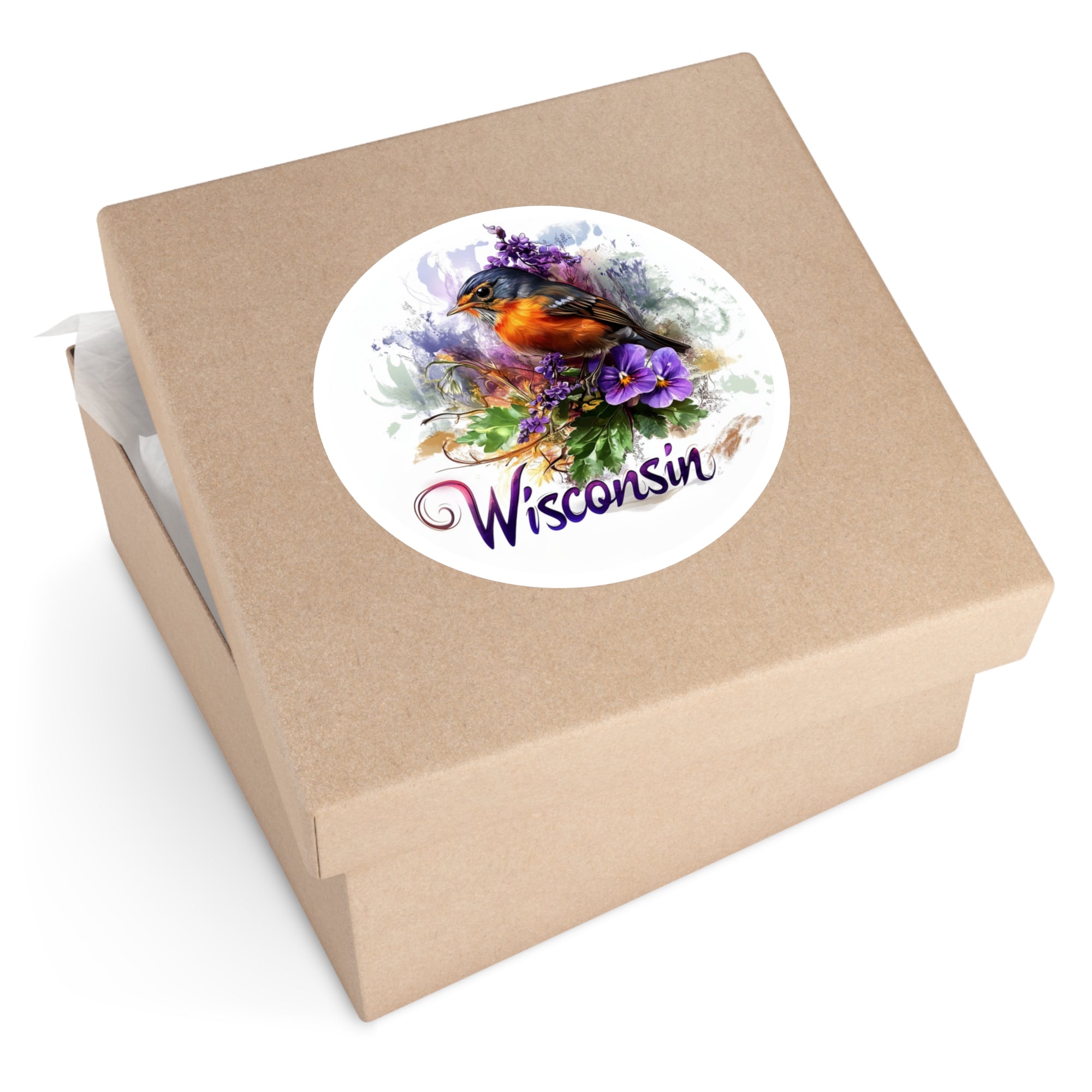Wisconsin Robin, Wood Violet Sticker, Water Bottle or Journal, State Bird Art