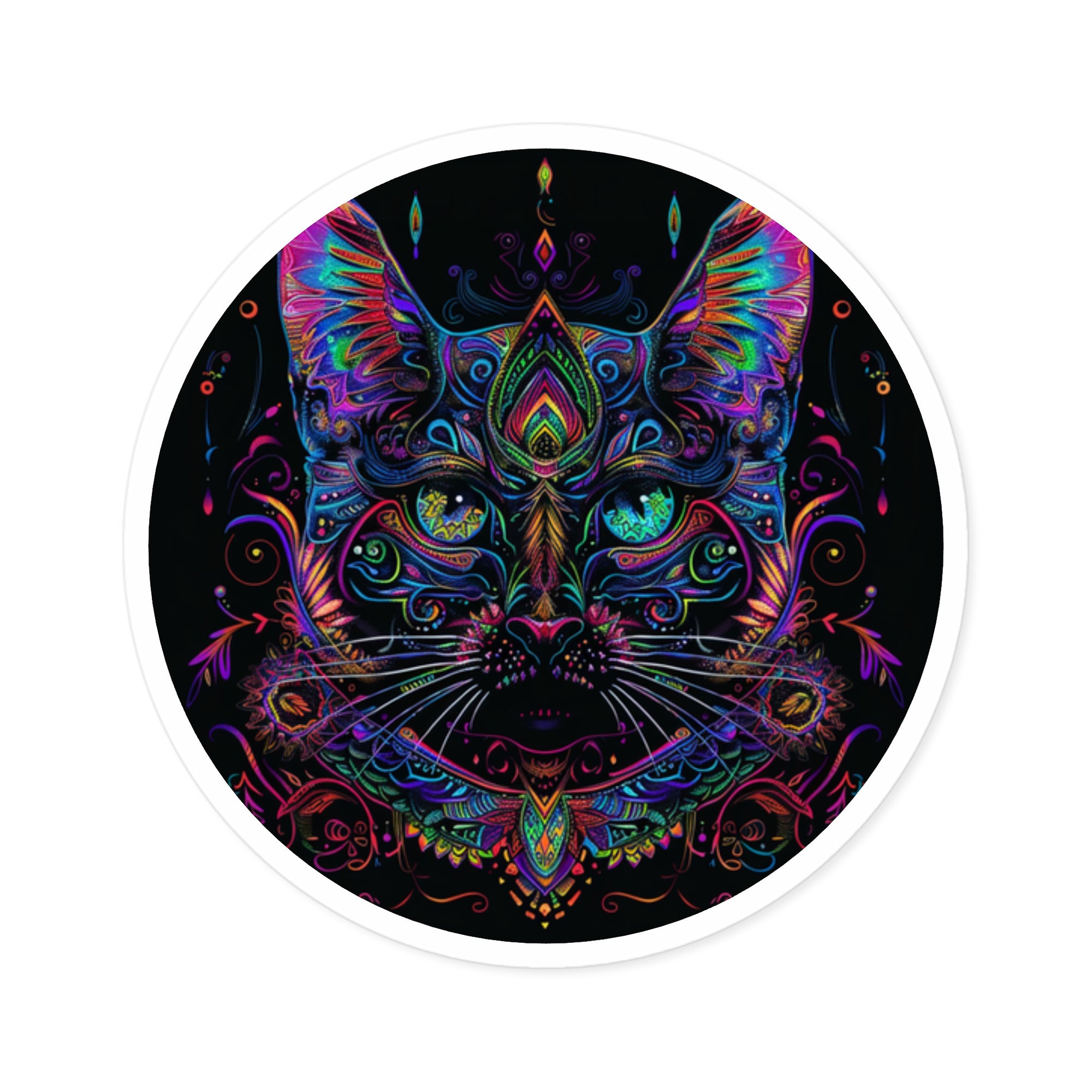 Colorful Cat Mandala Sticker, Psychedelic Line Art, Laptop Accent, Artistic Gift