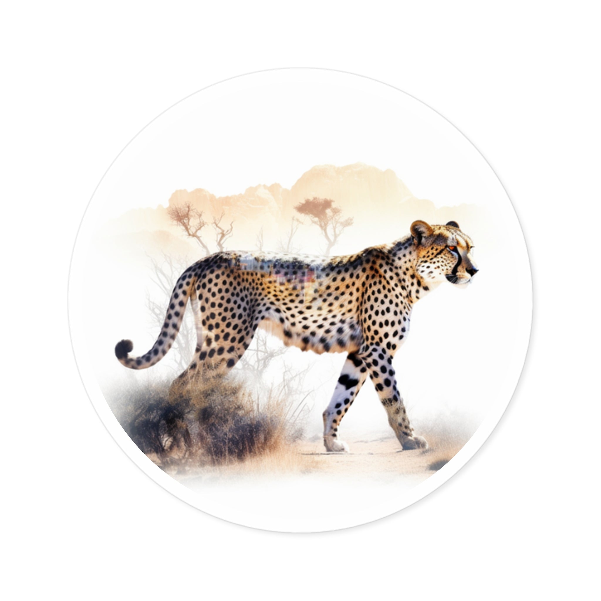Cheetah in Desert, Double Exposure Animal Sticker, Artistic Wildlife Design, Safari Gift