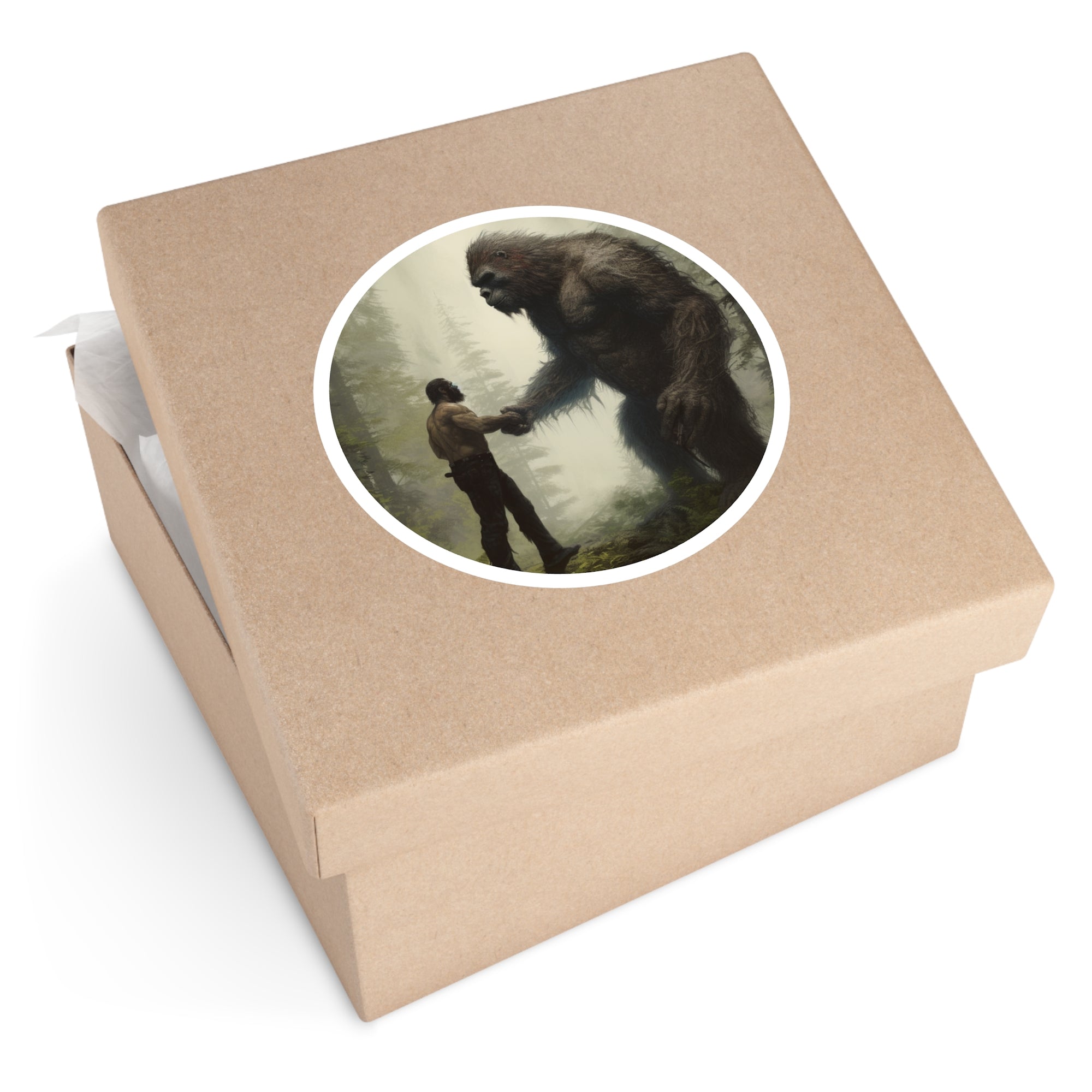Bigfoot Encounter Sticker, Cryptid Art, Forest Design, Mysterious Scene