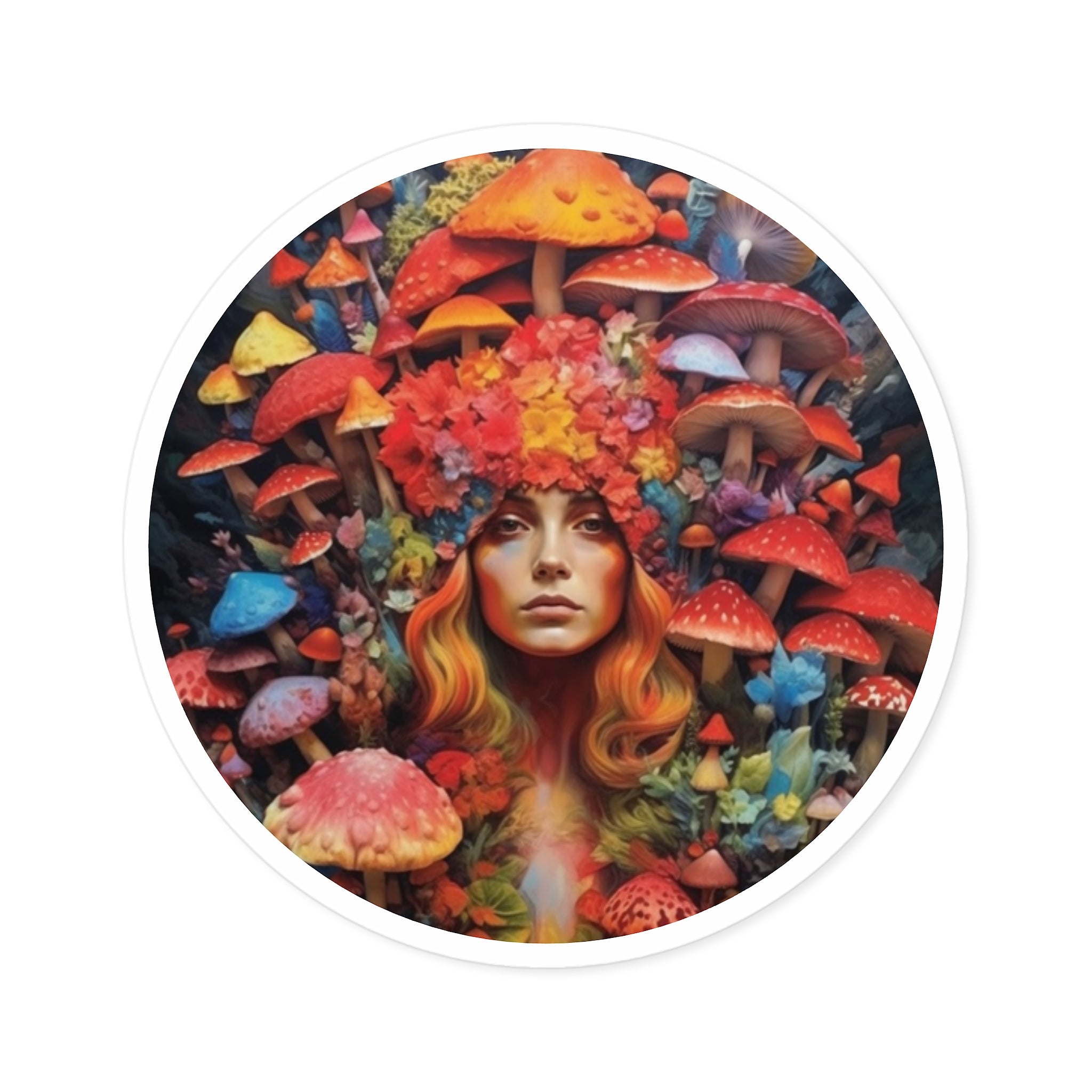 Mushroom Queen, Fantasy Portrait Sticker, Colorful Art, Surreal Mood
