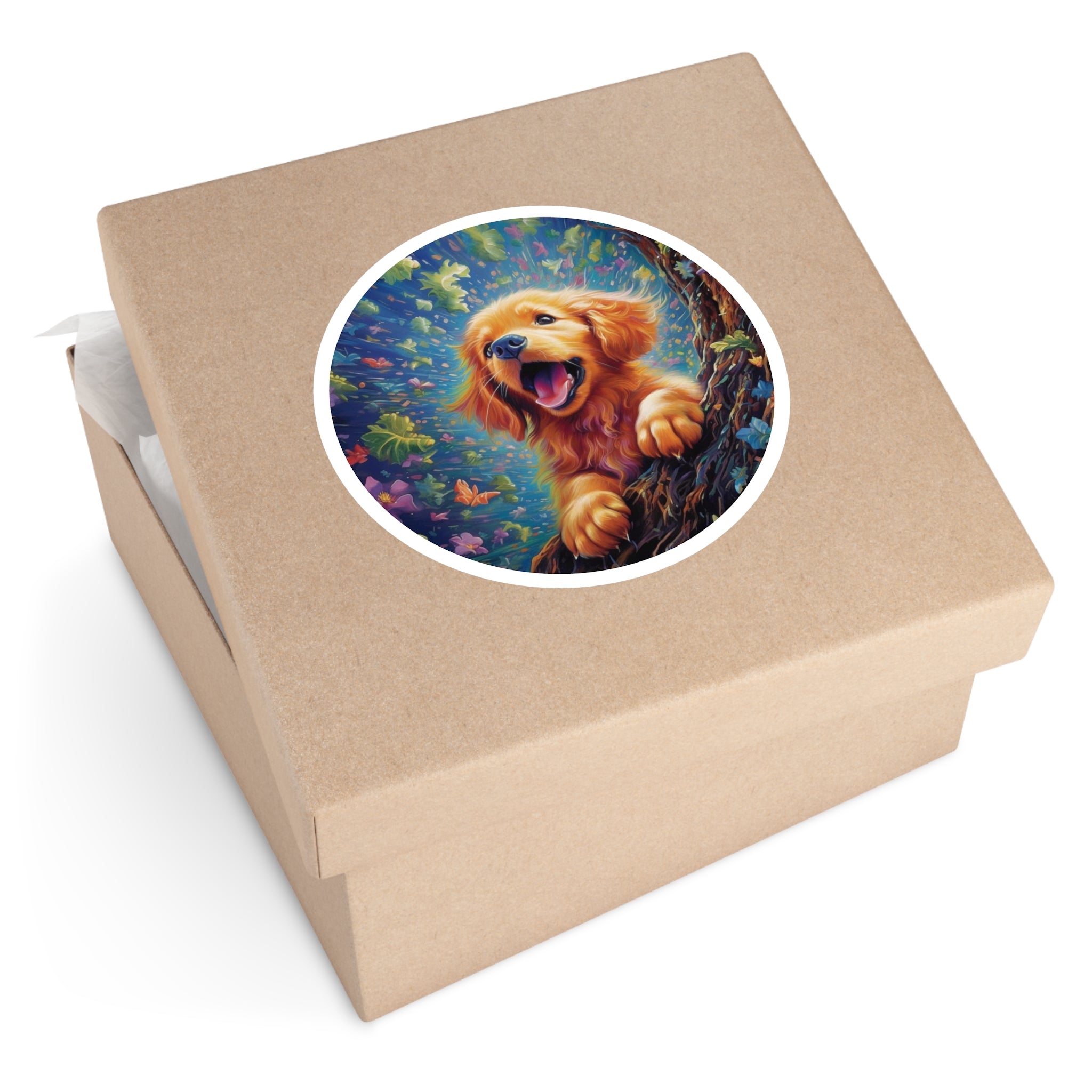 Golden Puppy in Nature Sticker, Whimsical Forest, Happy Dog Art, Playful Spirit