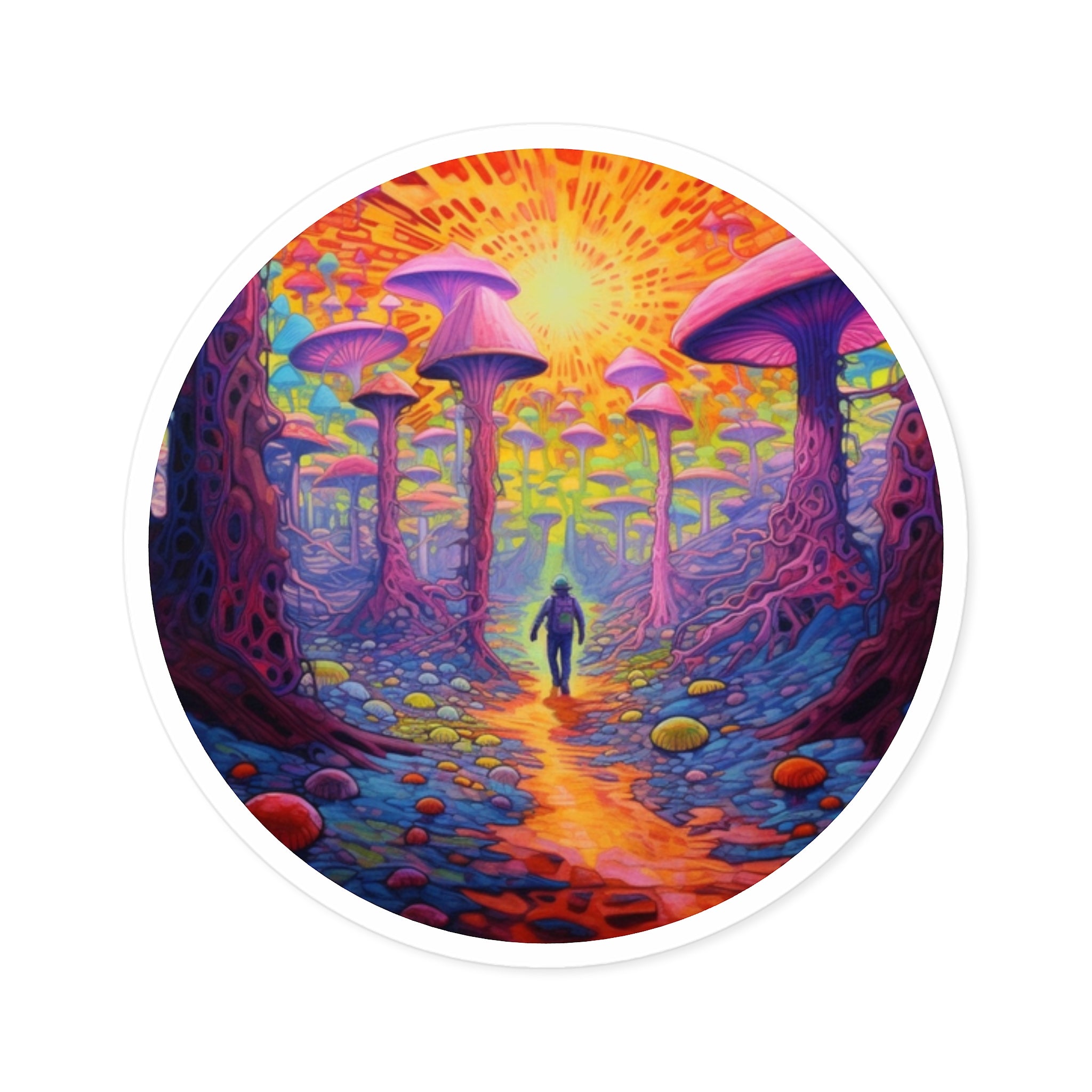 Mushroom Forest Path, Psychedelic Art Sticker, Trippy Nature Scene
