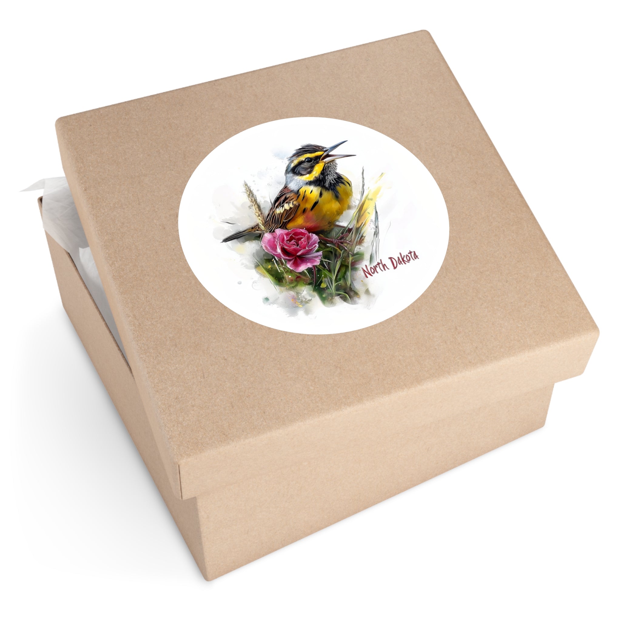 North Dakota Meadowlark Sticker, Prairie Rose Design, State Bird Art, Nature Scene