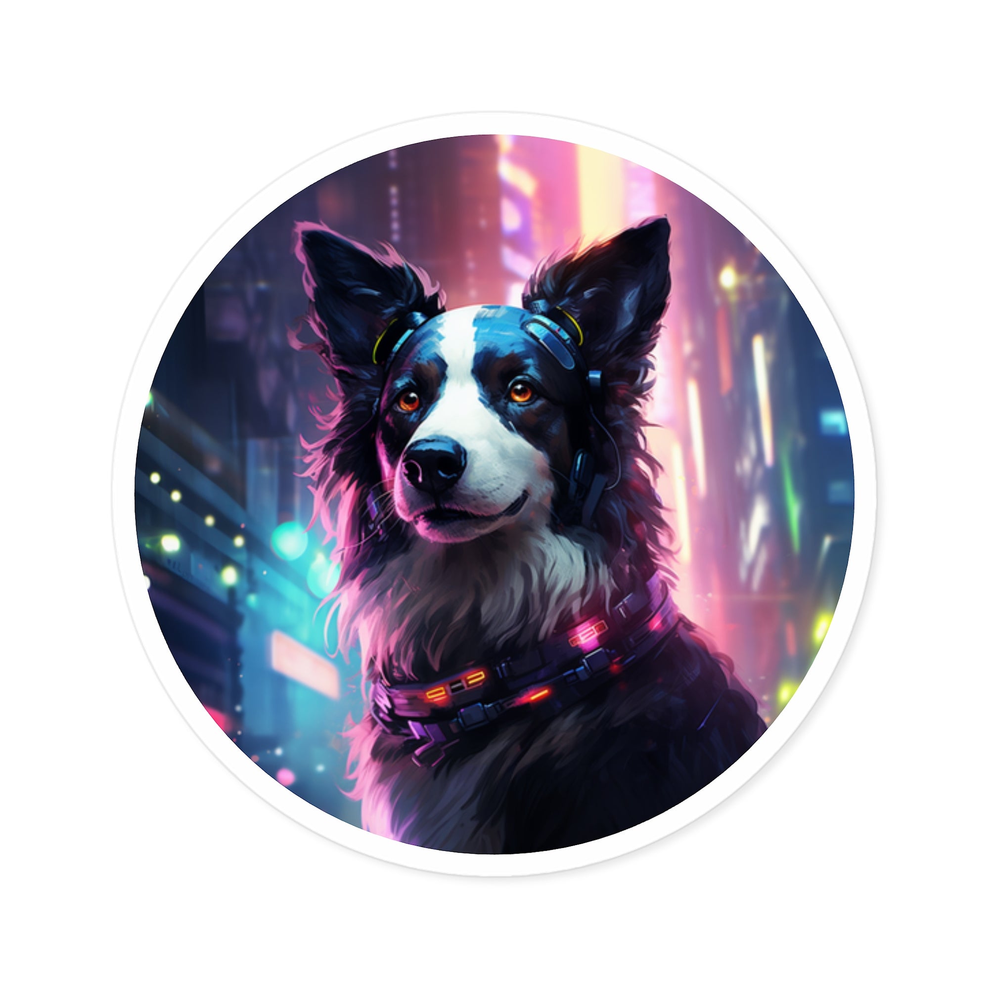 Cyberpunk Border Collie, Neon City Art Sticker, Laptop Decor, Unique Gift