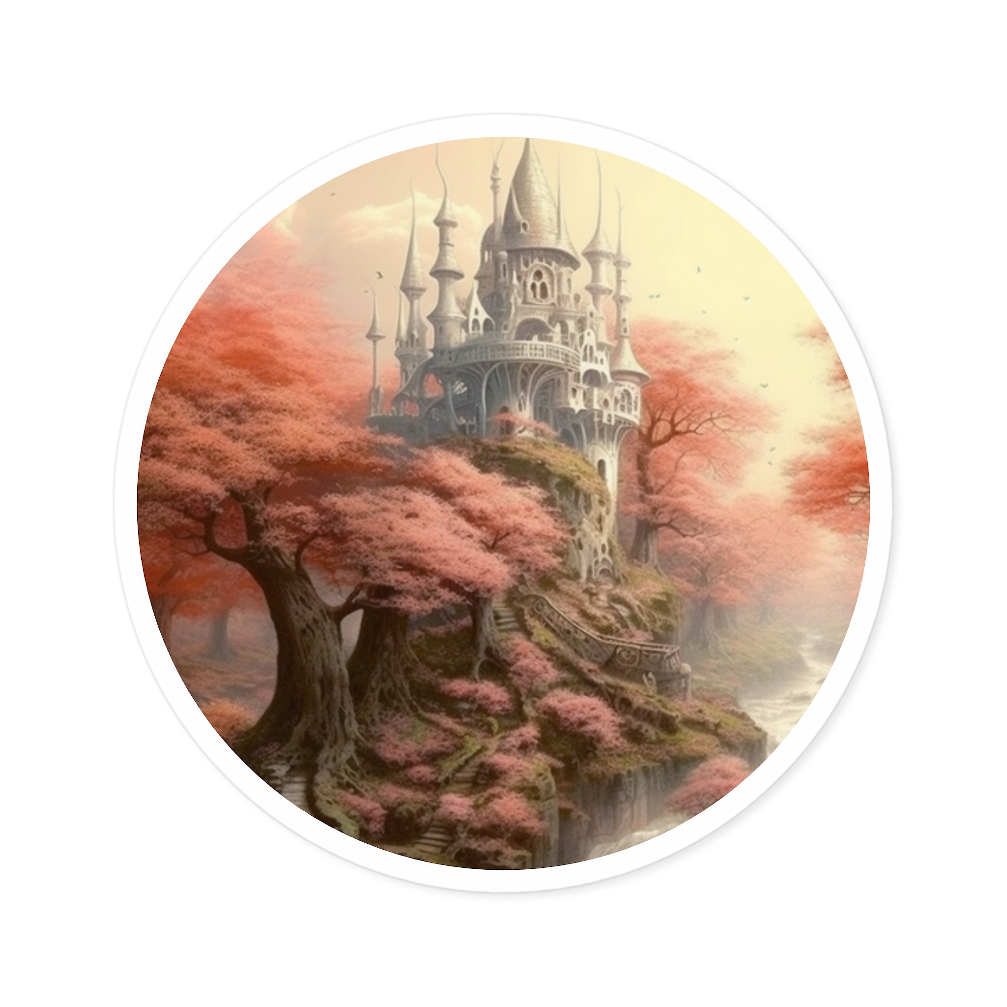 Enchanted Castle, Pink Forest Sticker, Laptop Decal, Whimsical Fantasy Gift
