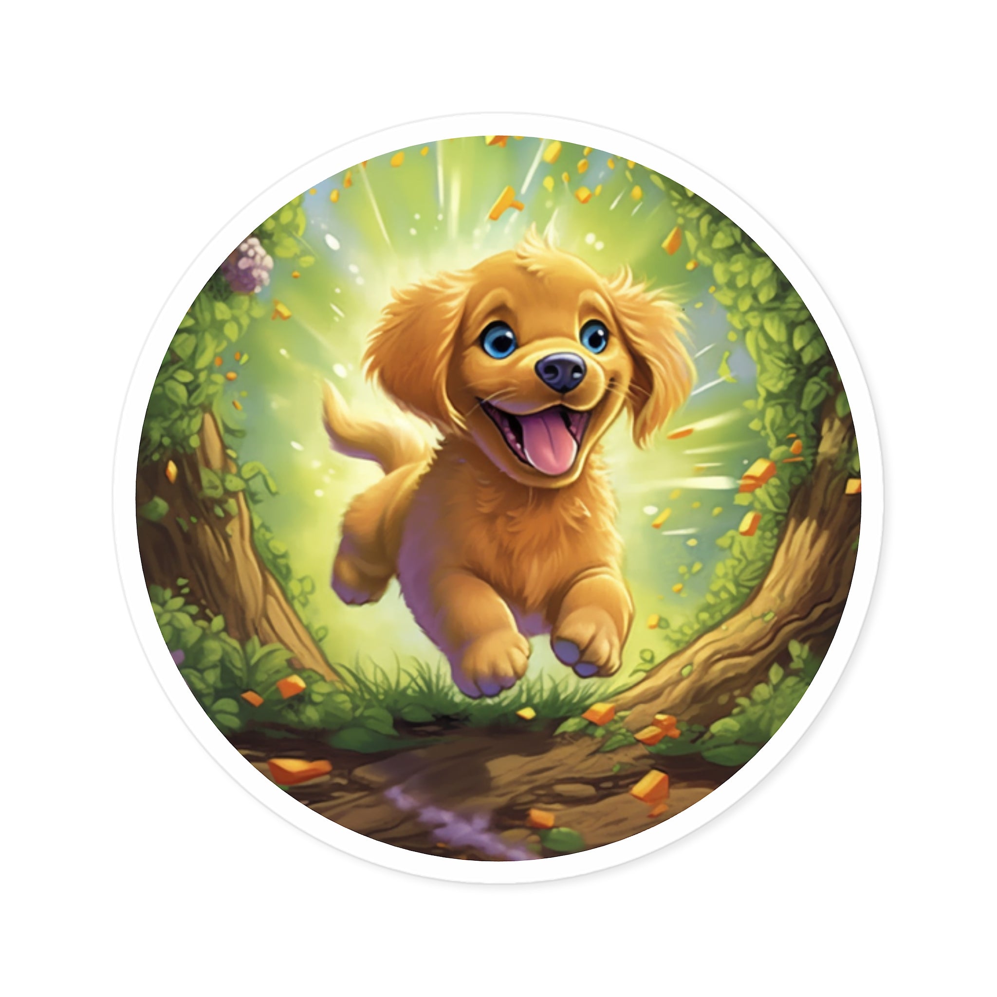 Golden Puppy in Flowers Sticker, Vibrant Joyful Design, Playful Art, Bright Aesthetic