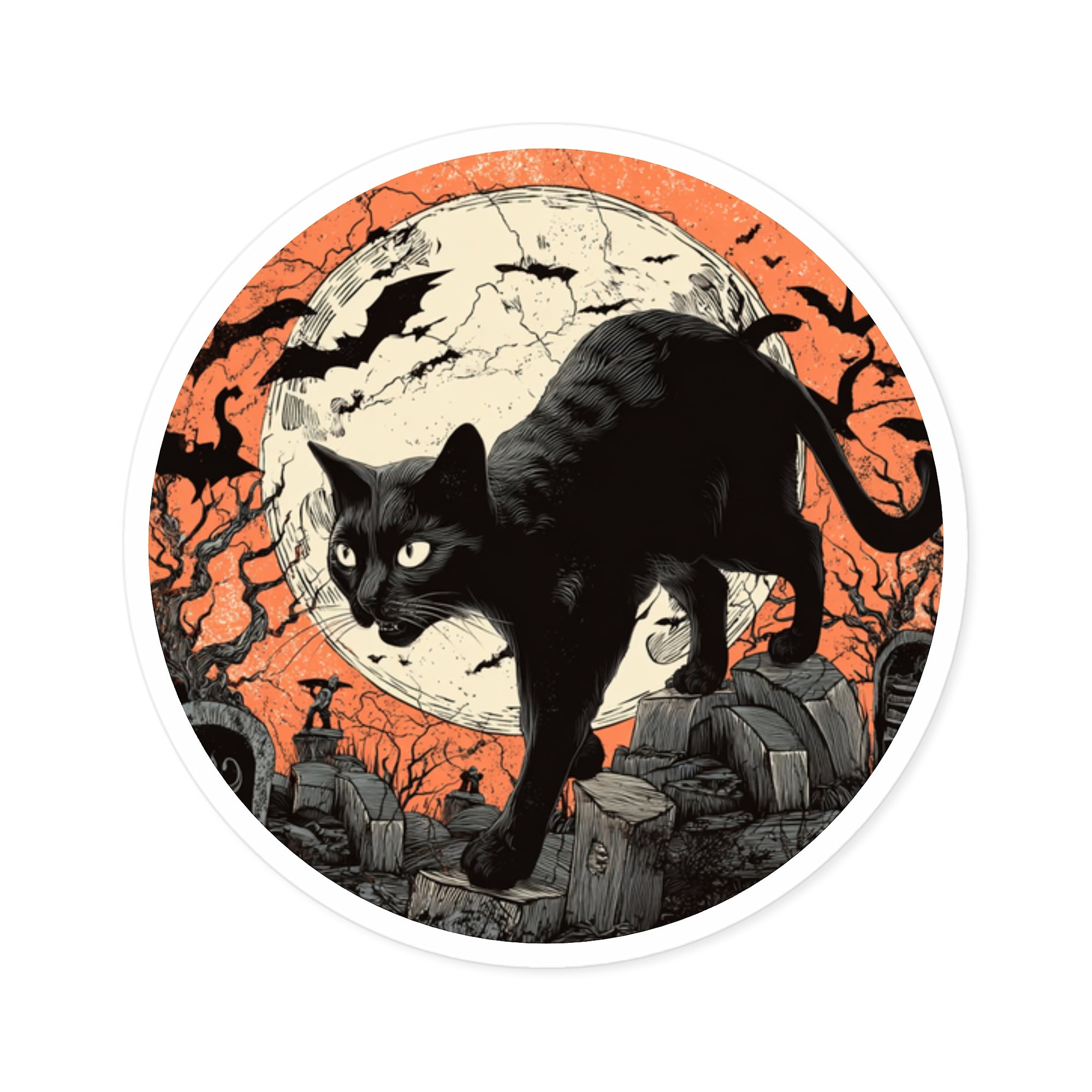 Black Cat Halloween Sticker, Full Moon Scene, Spooky Season Art
