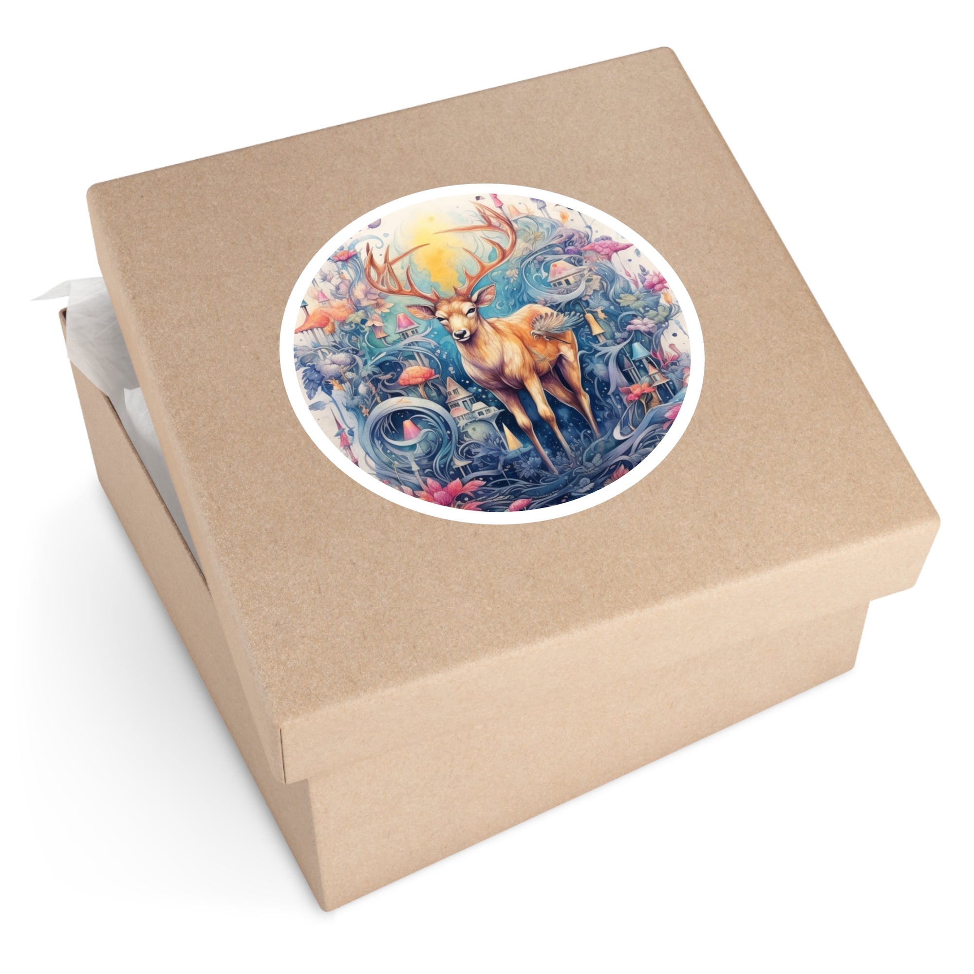 Whimsical Deer Fantasy Sticker, Enchanted Forest Design, Magical Art, Dream Scene