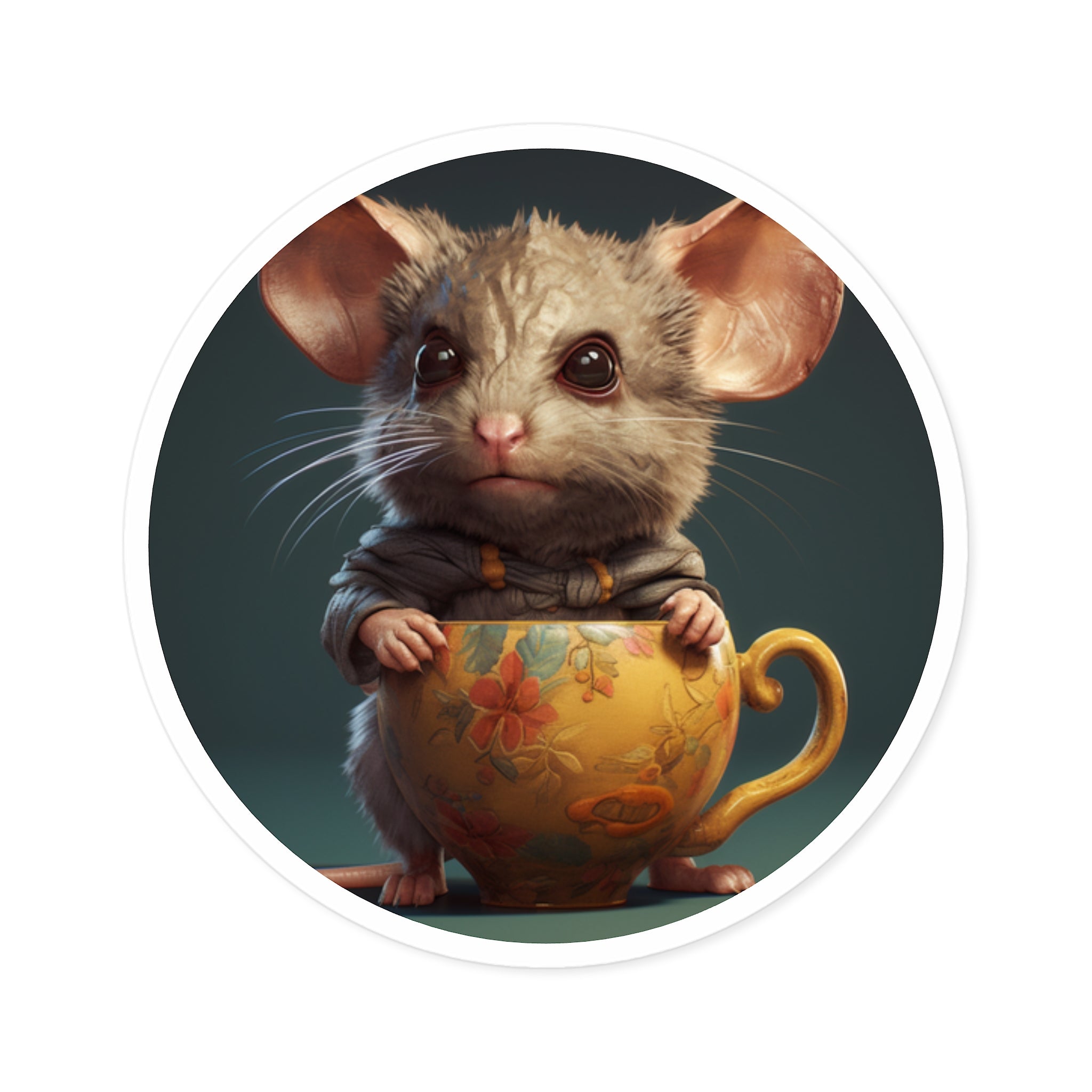 Mouse in Teacup, Whimsical Sticker, Cute Animal Art, Cozy Design