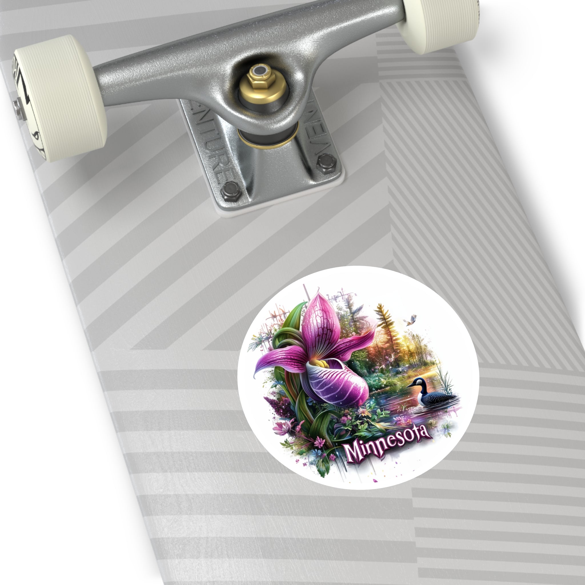 Minnesota State Flower Sticker, Lady’s Slipper and Loon Design, Nature Art