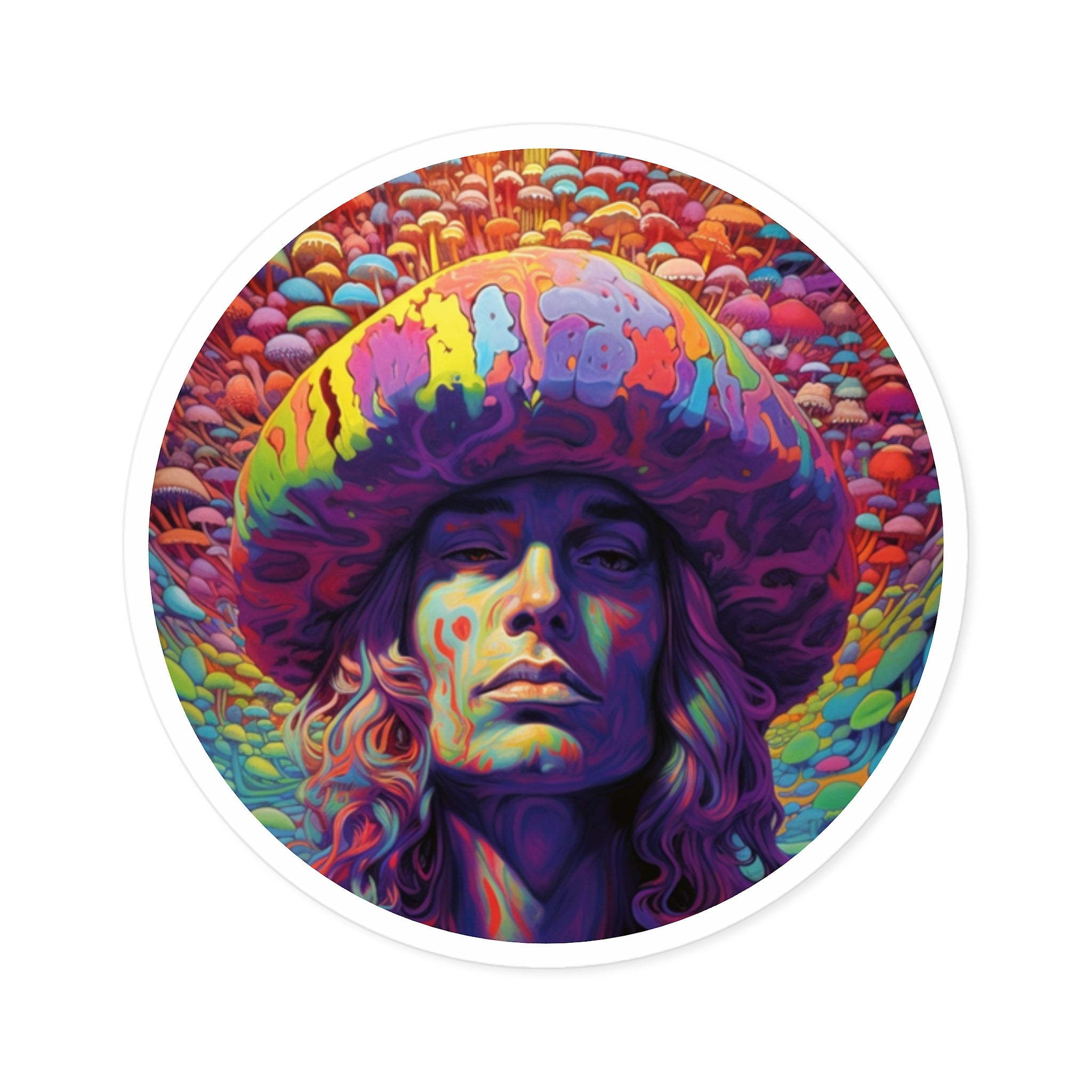 Psychedelic Mushroom Man Sticker, Trippy Art Design, Color Explosion, Surreal Style
