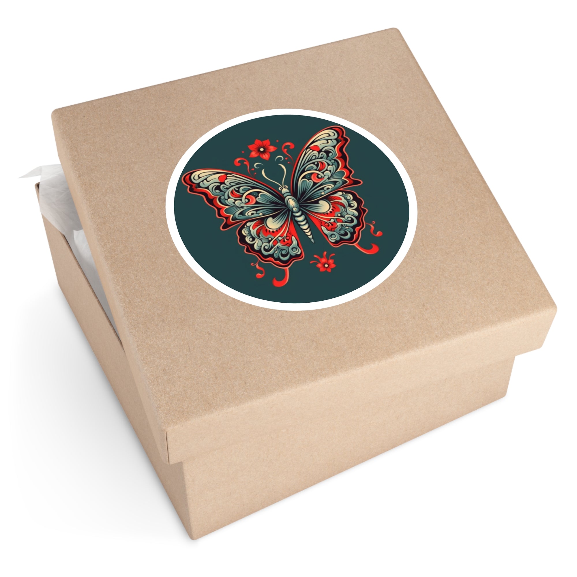 Red and Teal Butterfly Sticker, Ornamental Tattoo Art, Modern Mandala Style, Detailed Design