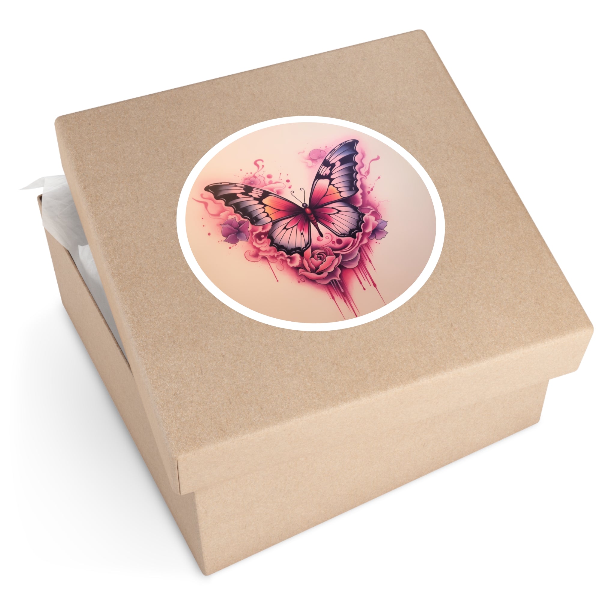 Pink Butterfly Sticker, Rose Tattoo Design, Soft Gradient Art, Feminine Style
