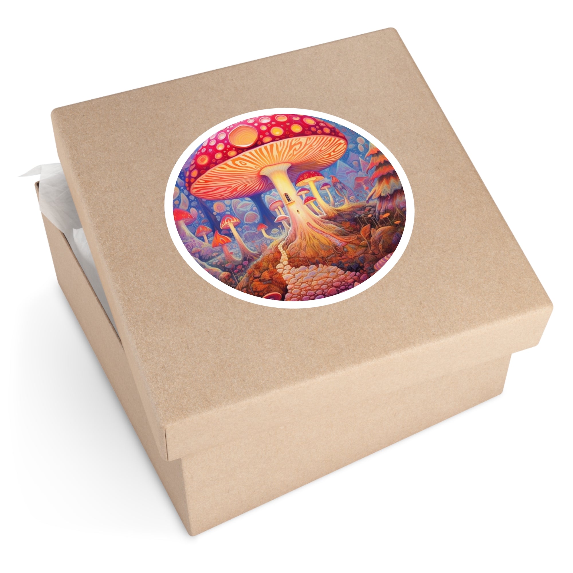 Whimsical Mushroom Village, Fantasy Scene Sticker, Laptop Decal, Trippy Art Gift