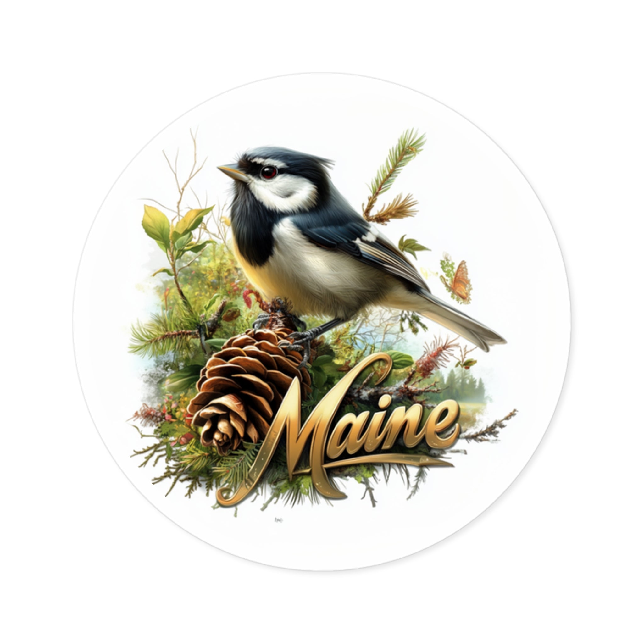 Maine Chickadee, Pine Cone Sticker, State Bird Art, Forest Nature Design