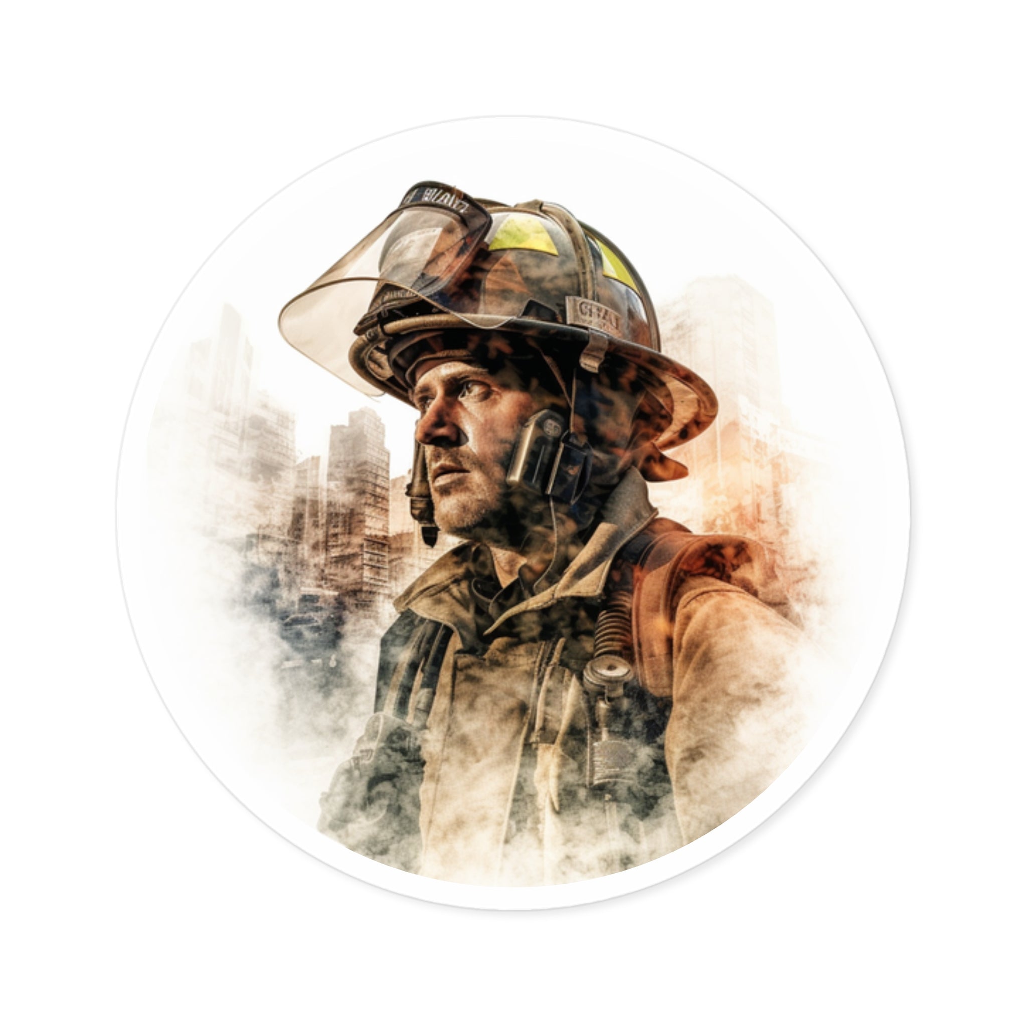 Firefighter City Sticker, Double Exposure Art, Hero Theme, Urban Design