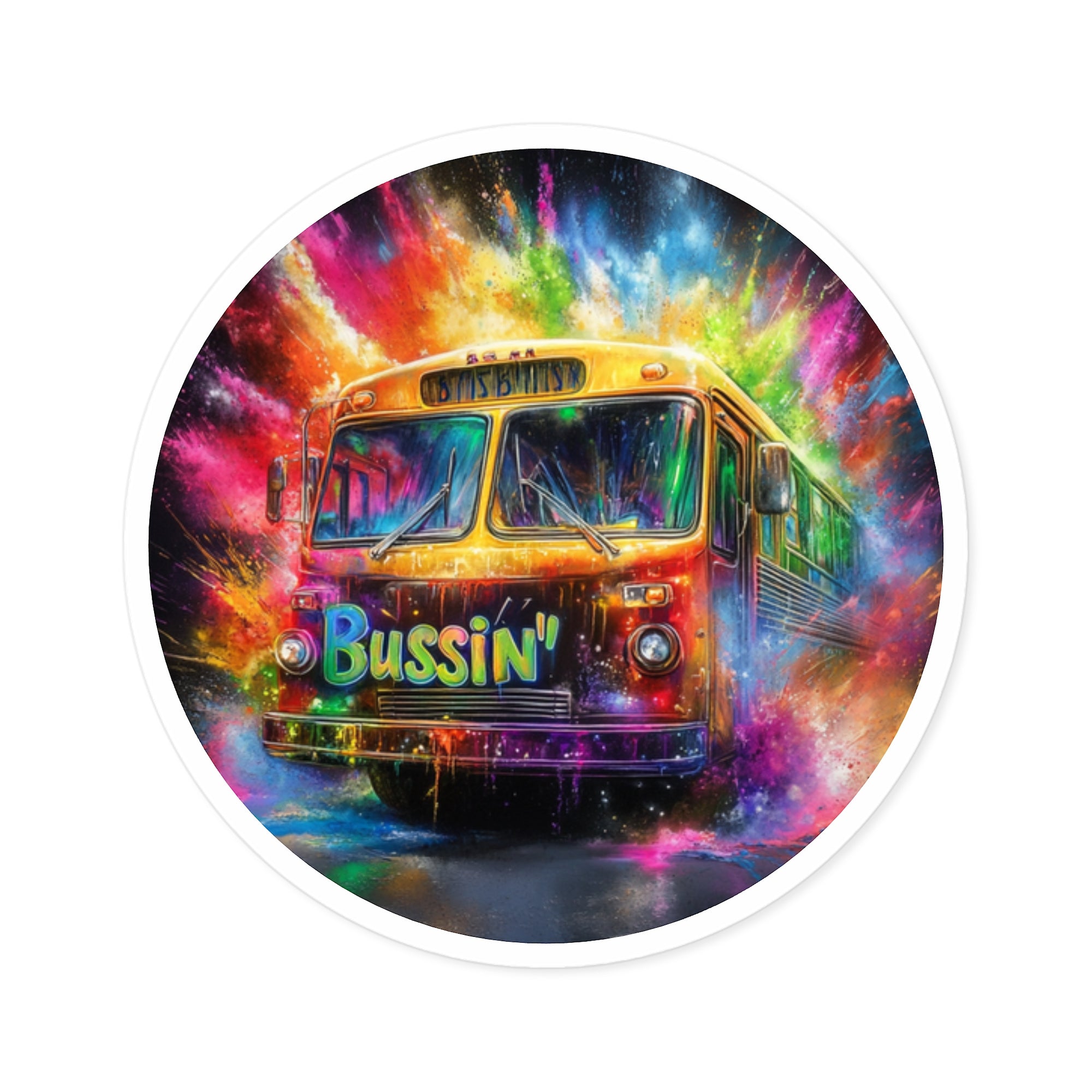 Bussin’ Sticker, Colorful Bus Art, Retro Style Design, Fun Trend Gift