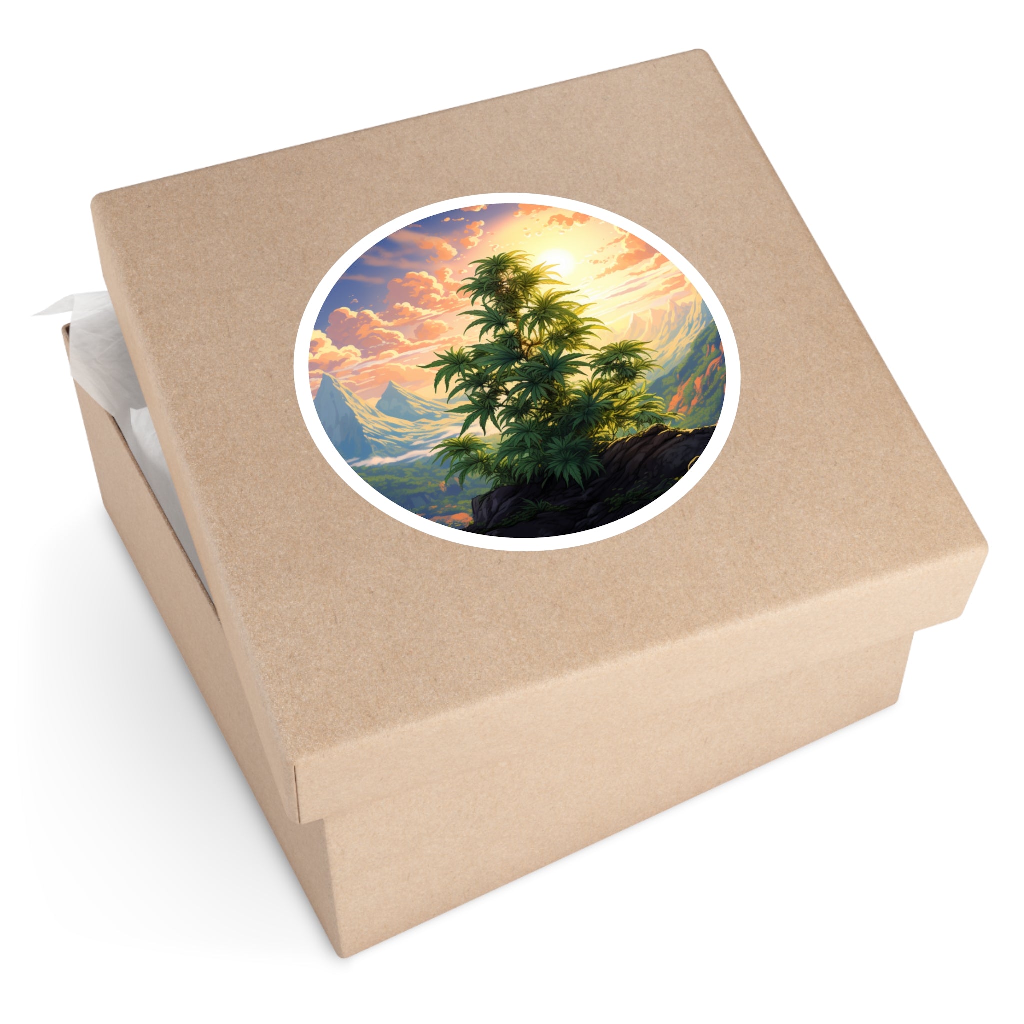 Cannabis Plant in Mountain Valley, Scenic Nature Sticker, Outdoor Art, Vibrant Design