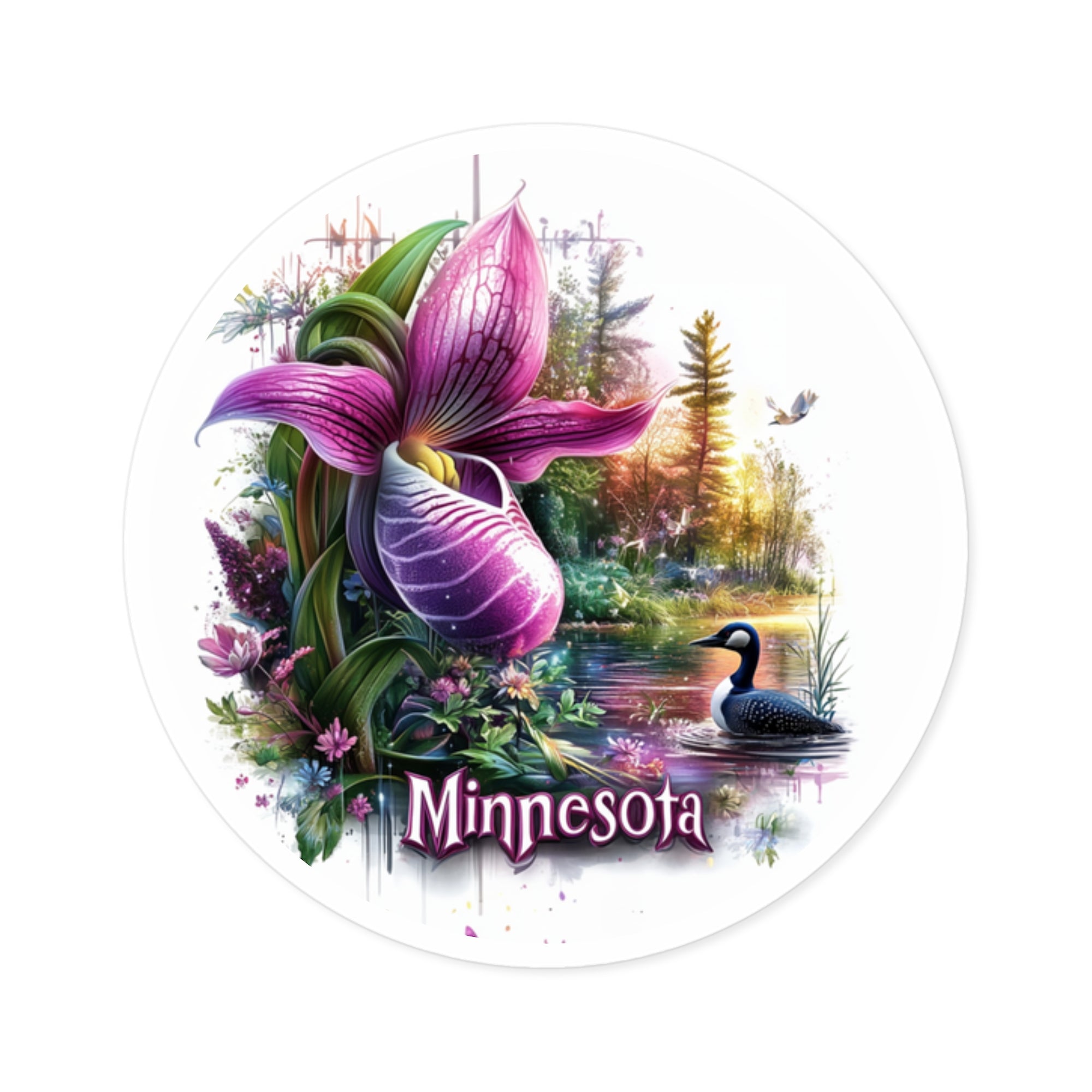 Minnesota State Flower Sticker, Lady’s Slipper and Loon Design, Nature Art