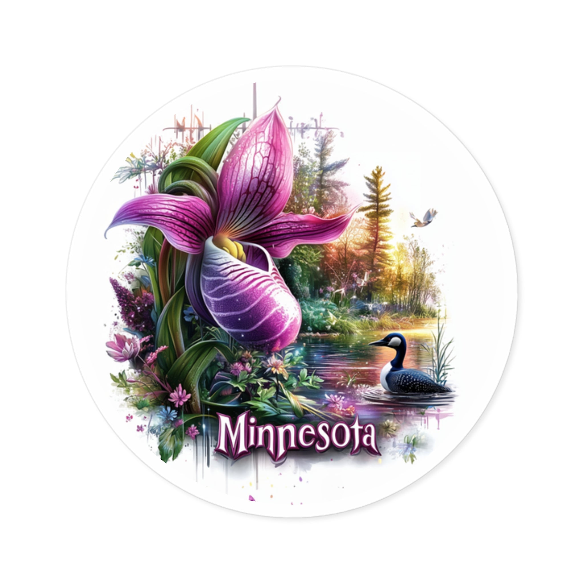 Minnesota State Flower Sticker, Lady’s Slipper and Loon Design, Nature Art
