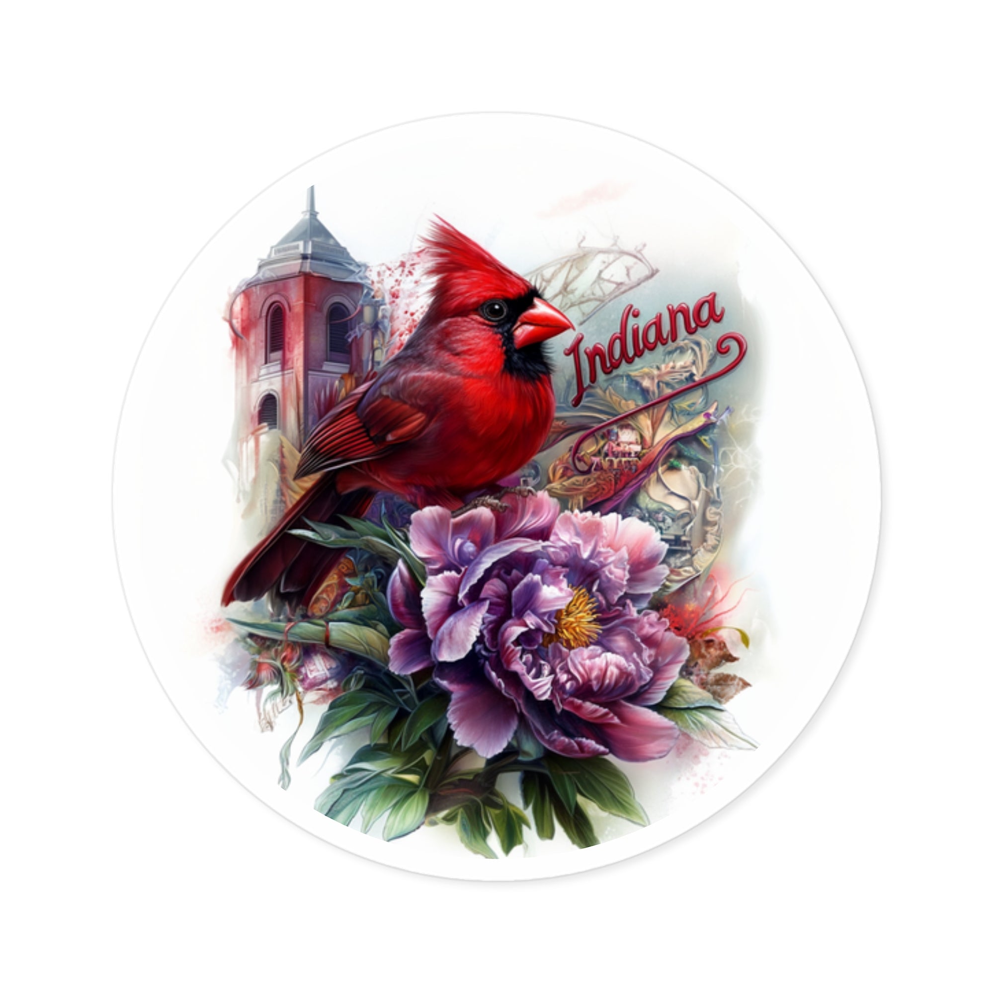 Indiana Cardinal, Peony Flower Sticker, State Bird Art, Blooming Design